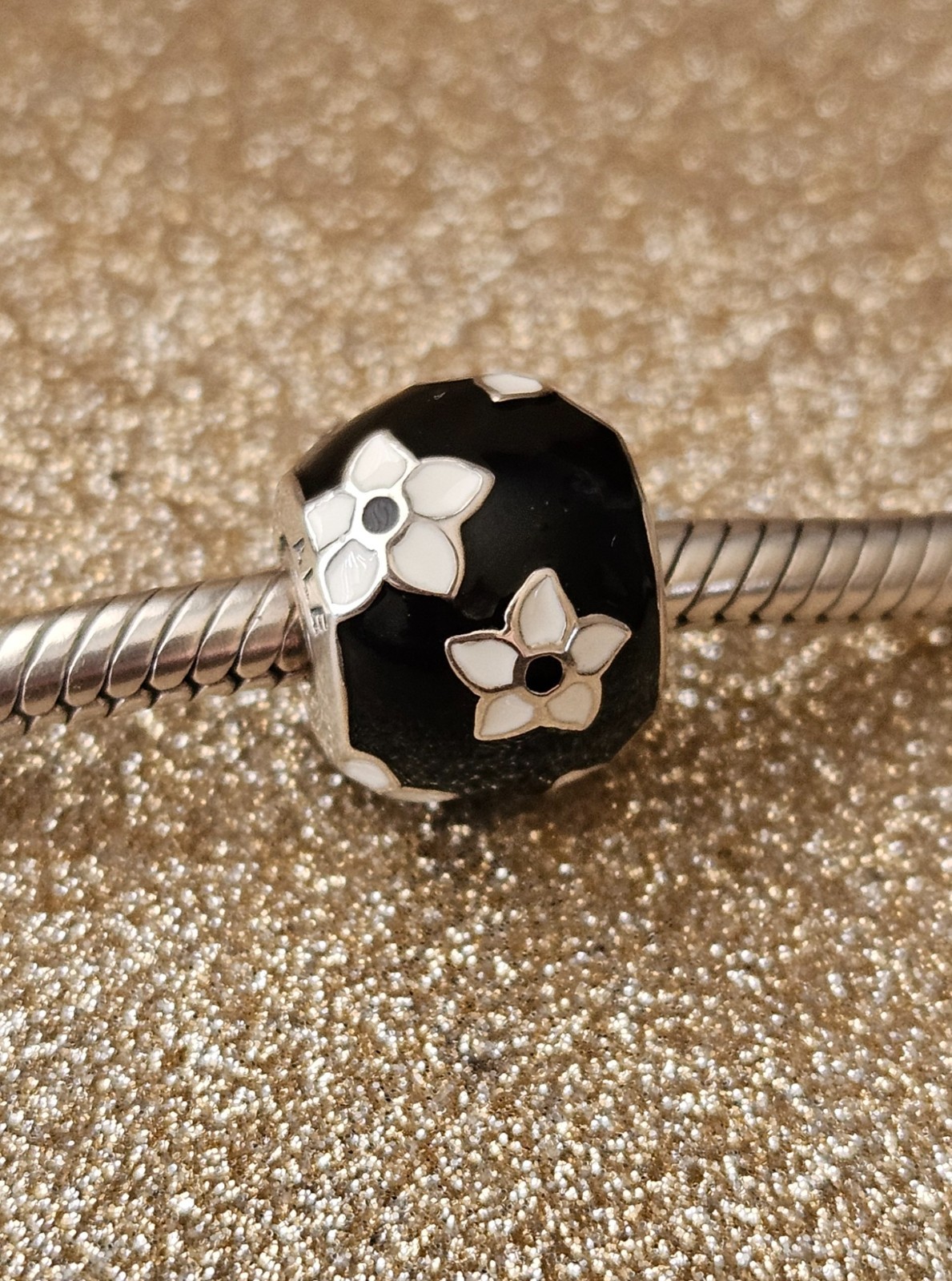 Authentic Pandora Silver Mystic Flower Black and White Enamel Charm