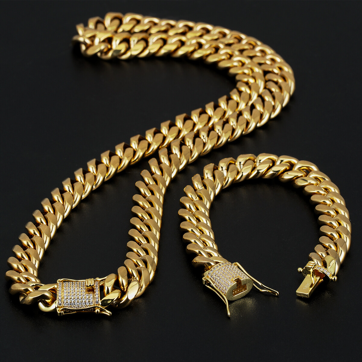 Miami Cuban Link Chain Bracelet Set For Men Solid 316L Stainless Steel 18K Gold