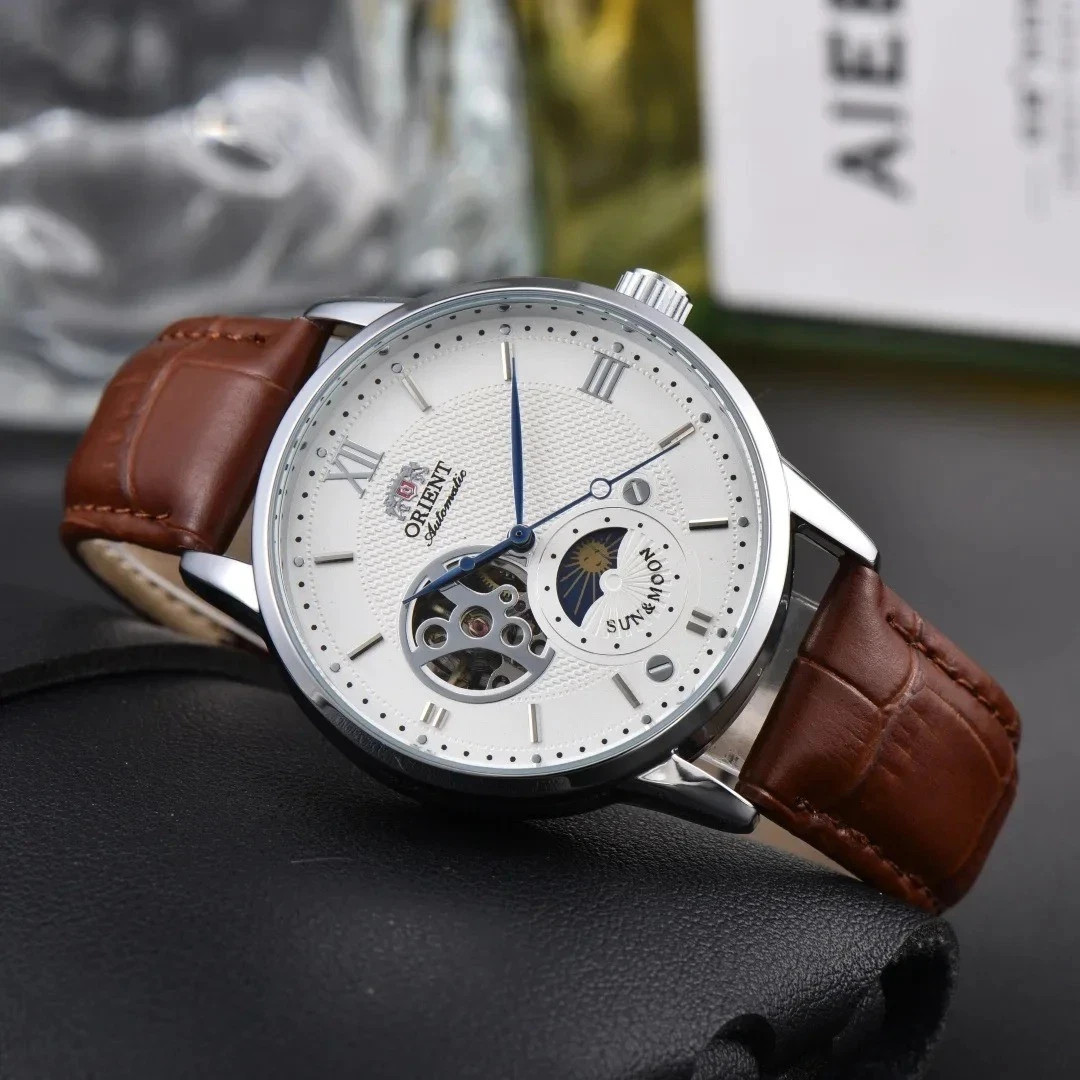 Sun & Moon Semi-Skeleton Automatic Men’s Watch – Leather Strap Luxury Gift