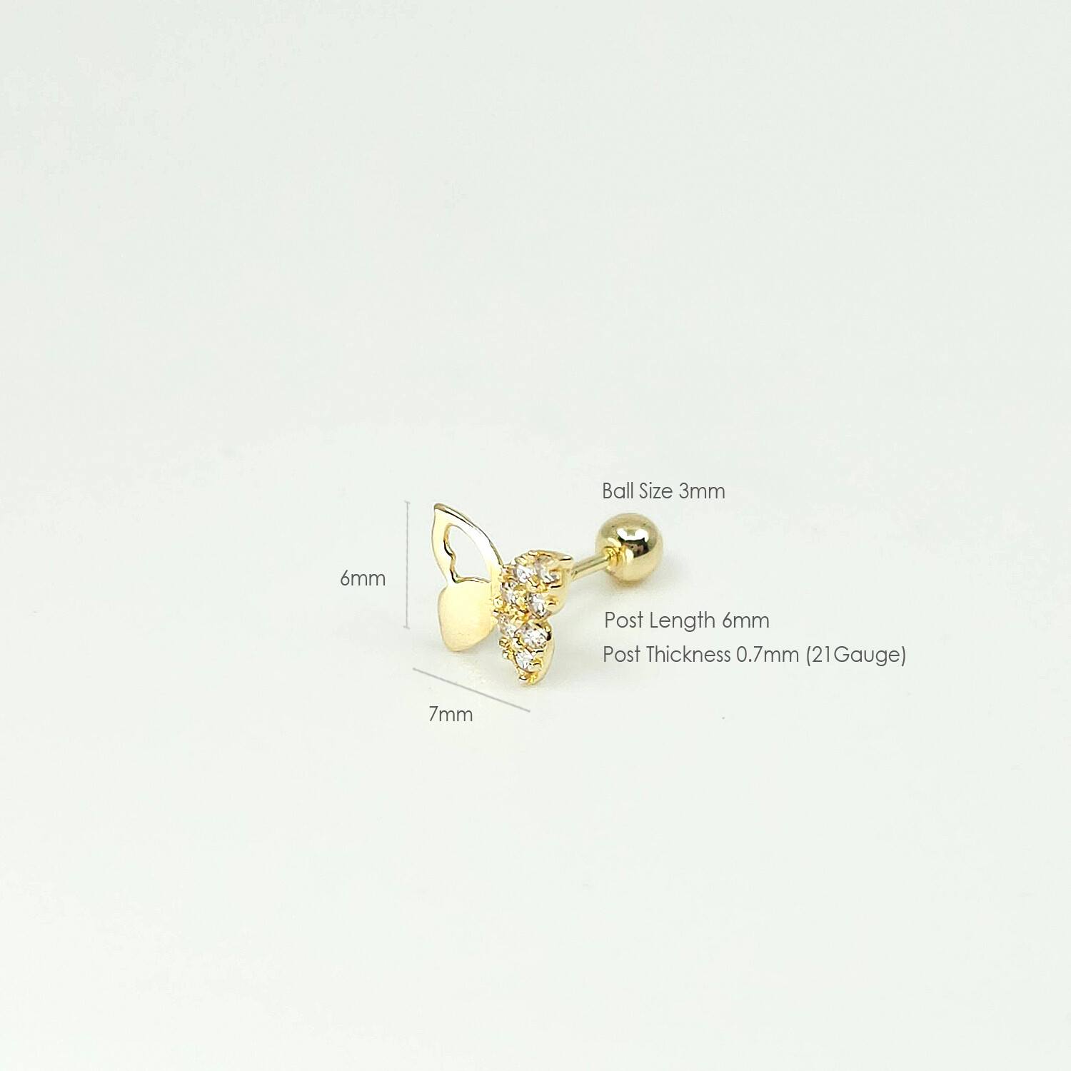 14K Gold Butterfly Stud Earrings, Piercing Earring, Screw Back Earring