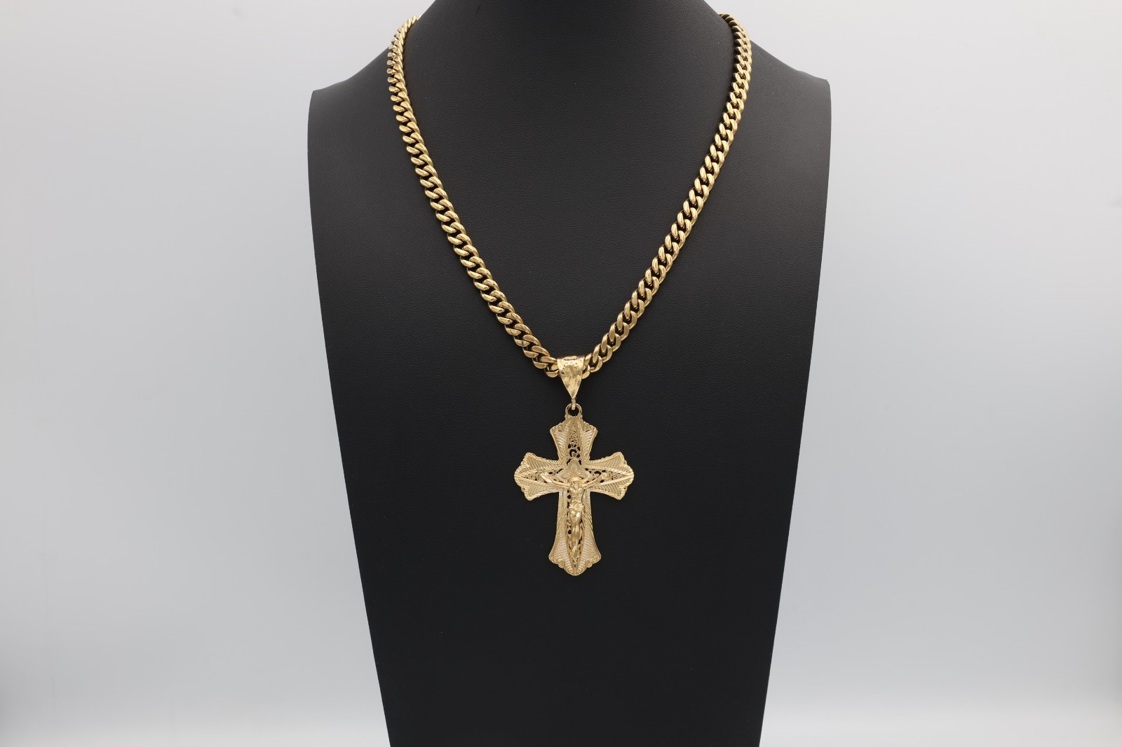 Large Ornate Crucifix Necklace, 7mm Cuban Chain, 14k Heavy Plated, Unisex