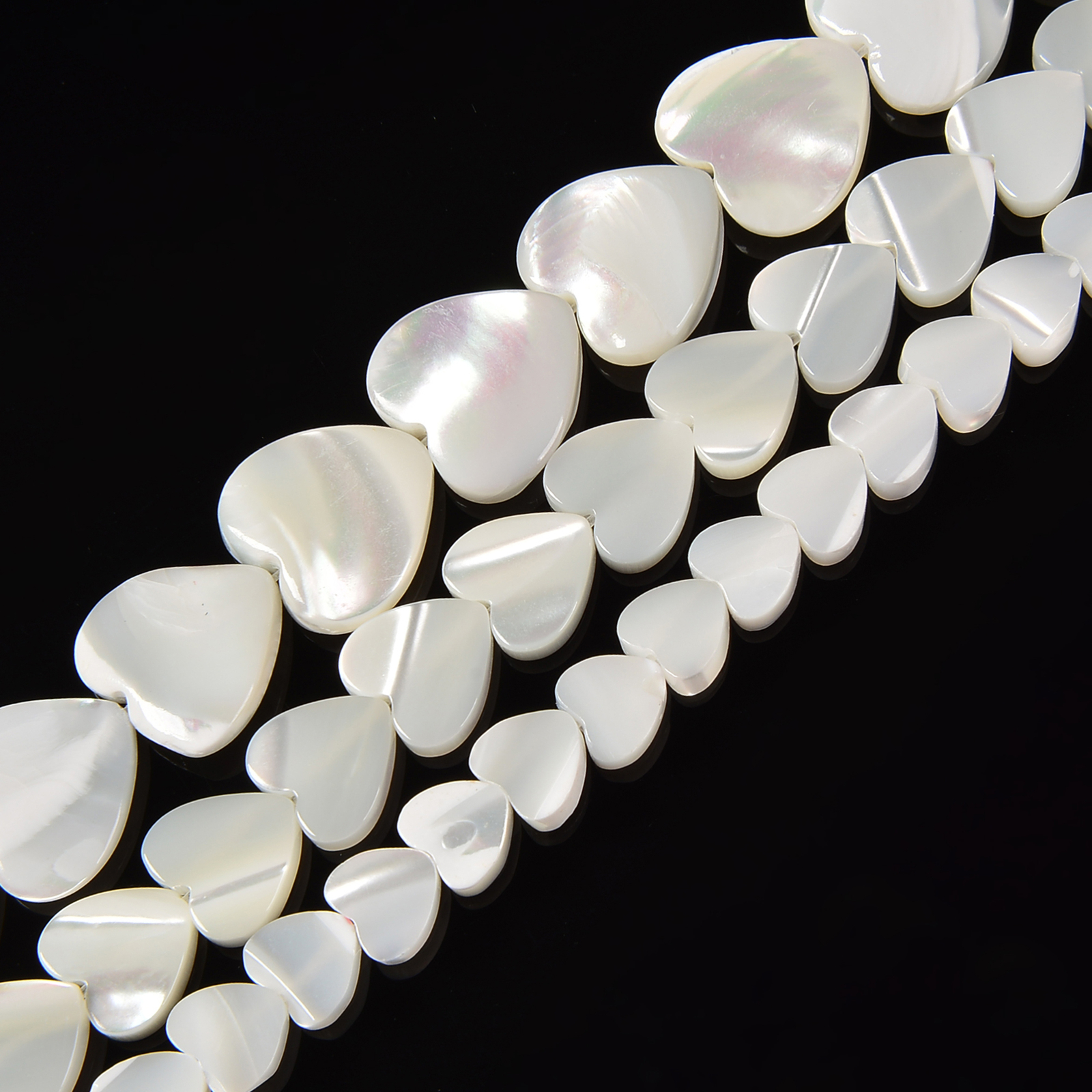 Iridescent White Mother of Pearl MOP Shell Heart Beads 6mm to 12mm 15.5” Strand