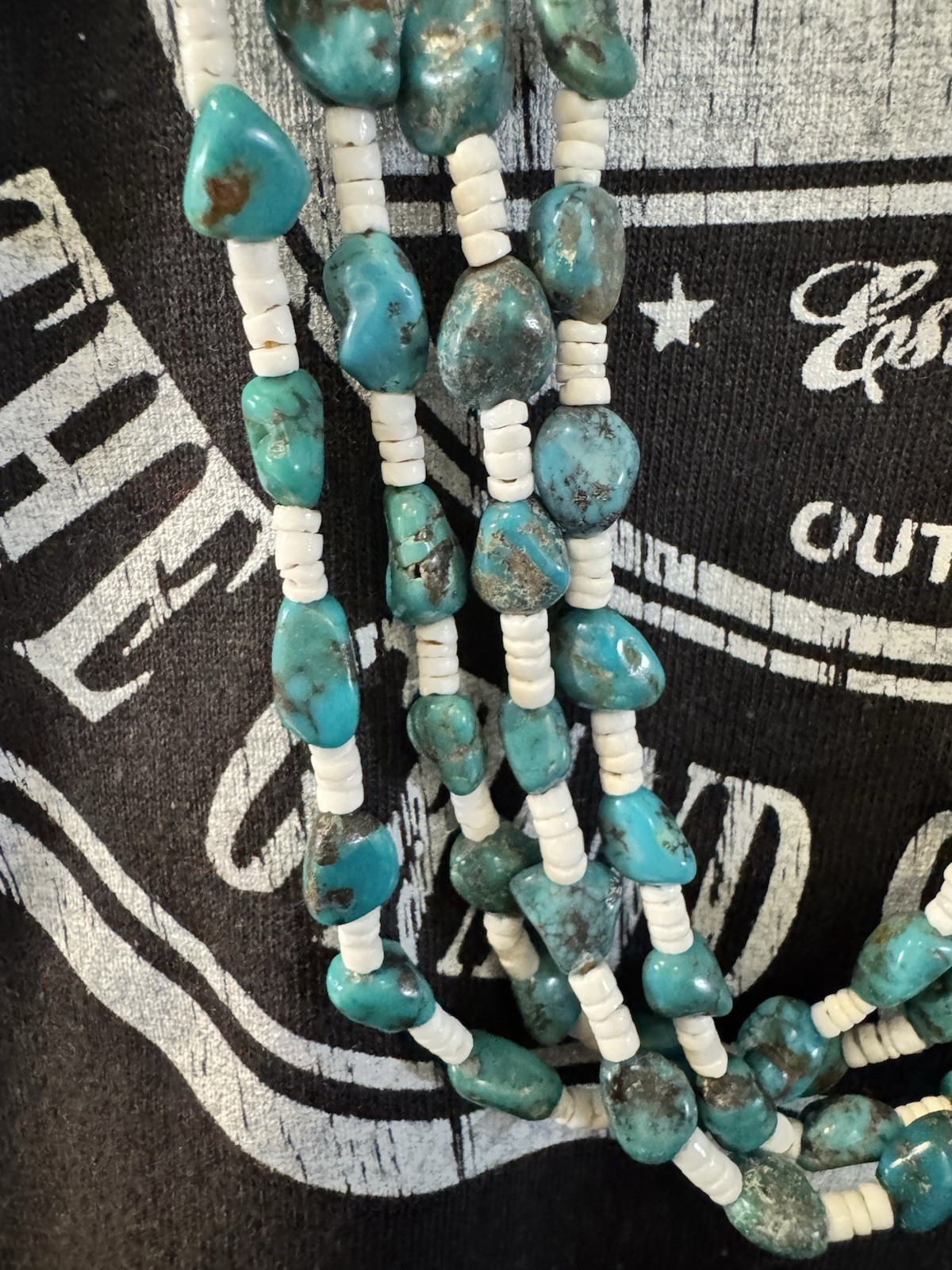 Multi-Strand Turquoise Chip & White Bead Necklace Bohemian No Clasp 26 in