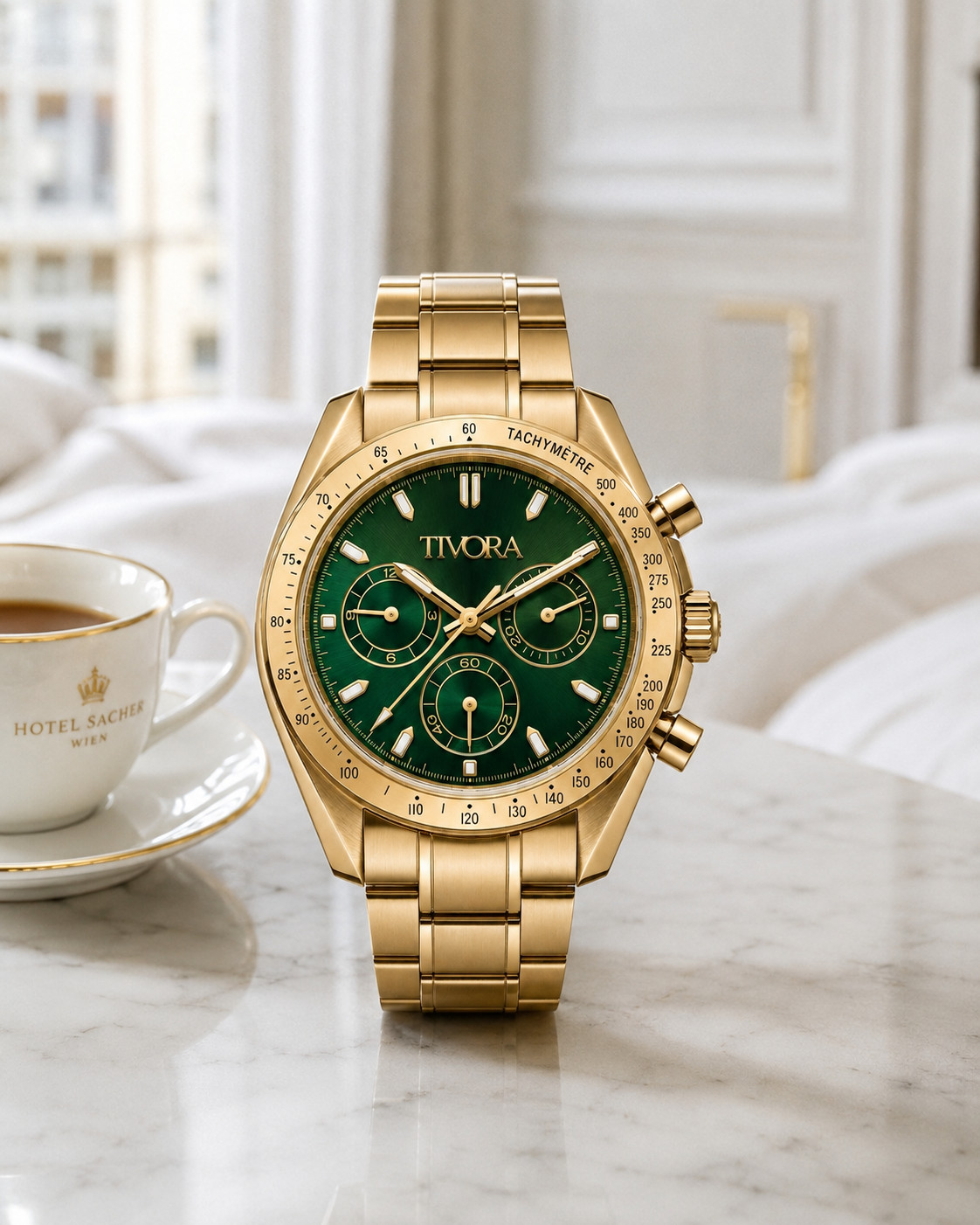 TÍVORÁ Veyron Aurelius Steel Emerald Dial – Custom Branded Automatic Chronograph