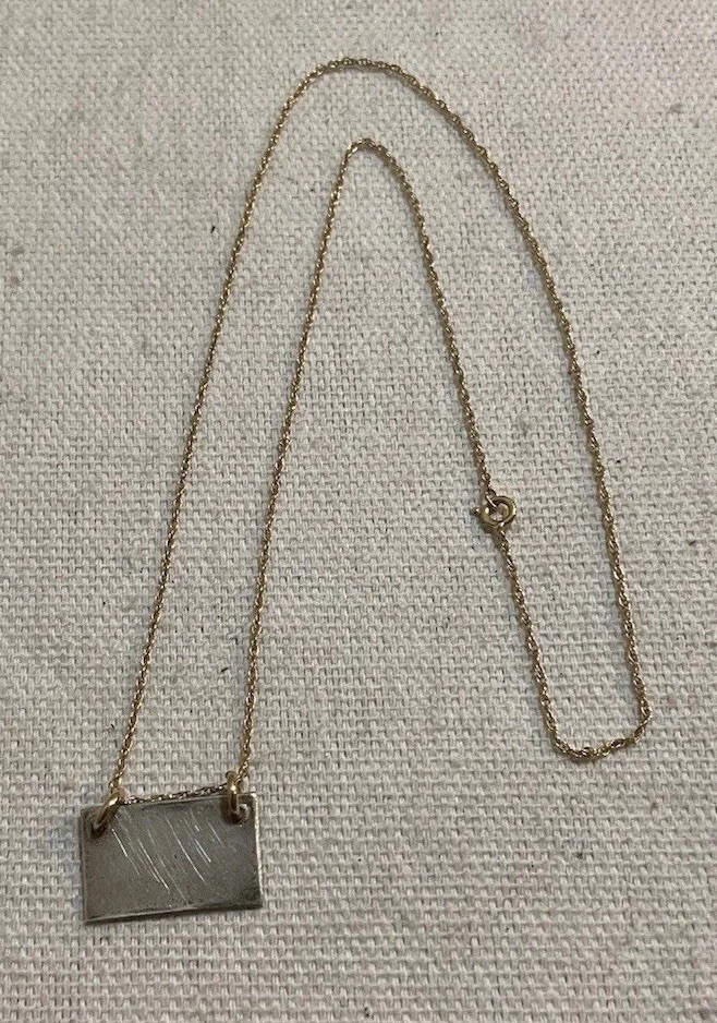 Vintage 14K Gold Chain Necklace Sterling Silver Rectangular Bar Pendant 2.3g 16”