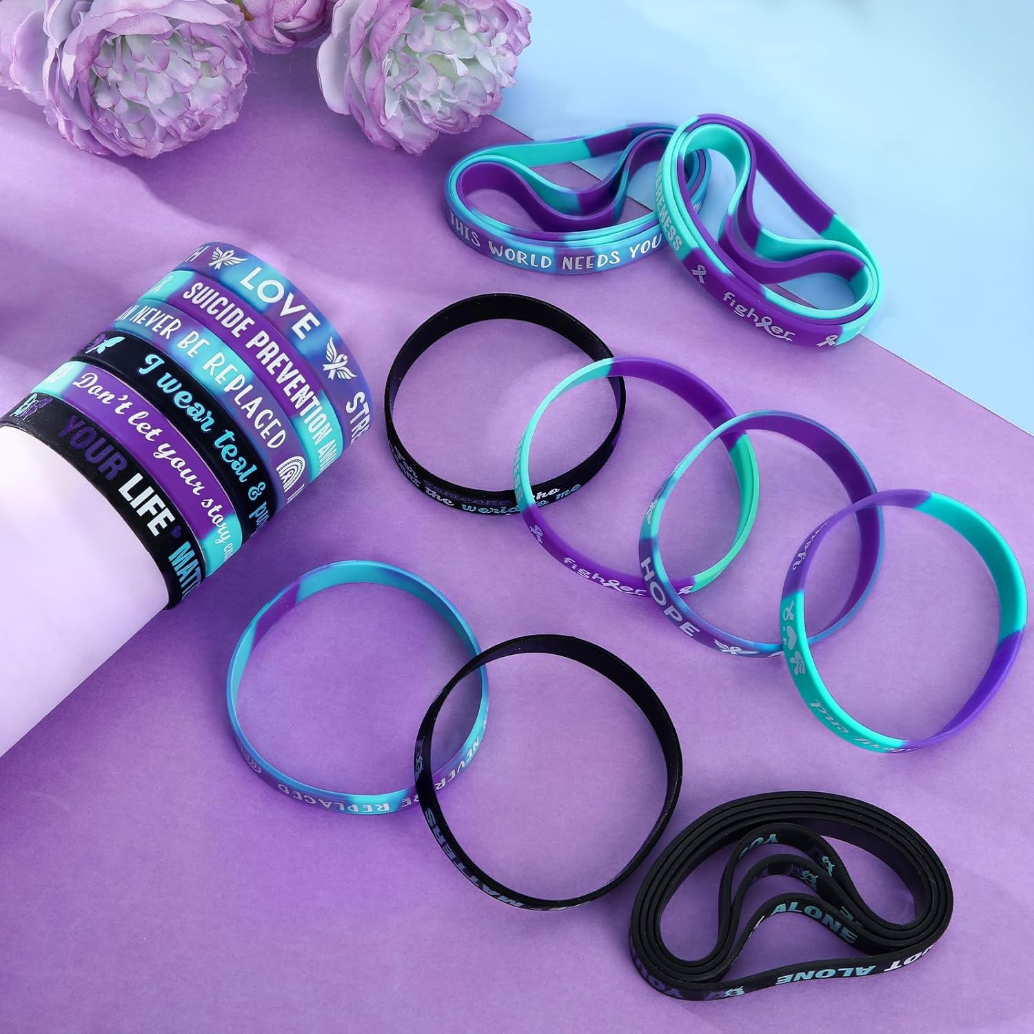 JUNEBRUSHS 42Pcs Suicide Prevention Awareness Silicone Bracelets Purple Teal Rib