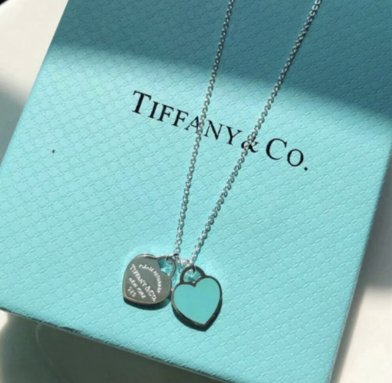 Tiffany & Co. Blue Double Mini Heart Tag Pendant Necklace ( 18” chain )
