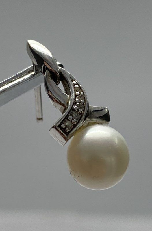 RL Sterling Silver 925 Pearl & Diamond Ribbon Twist Drop Earrings 5/8″