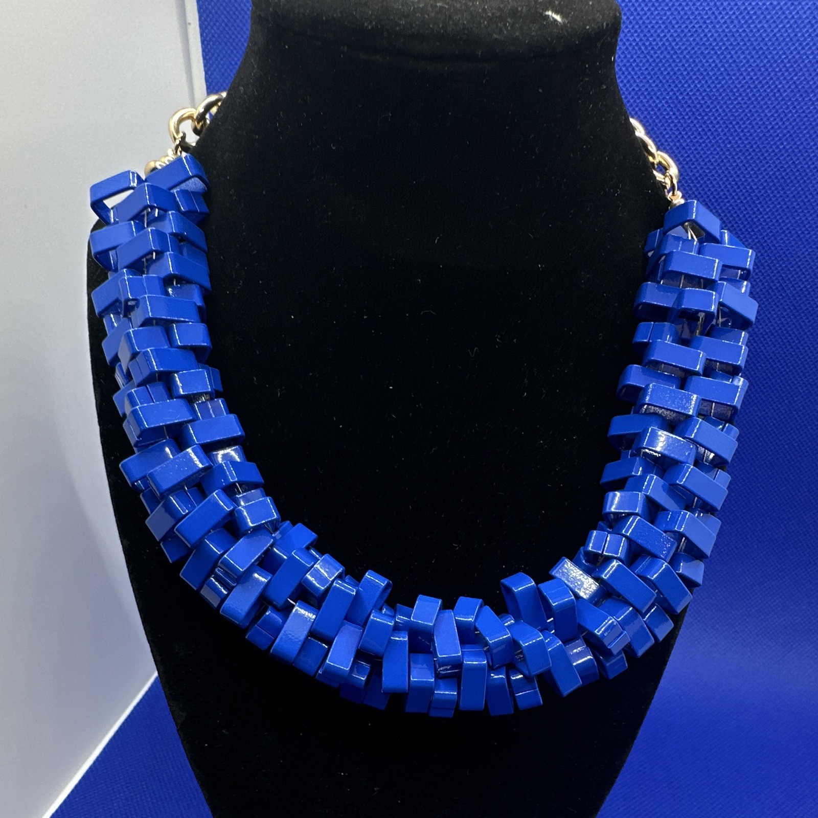 Blue Plastic Statement Chain Necklace, Gold Tone Oval Link, Adjustable