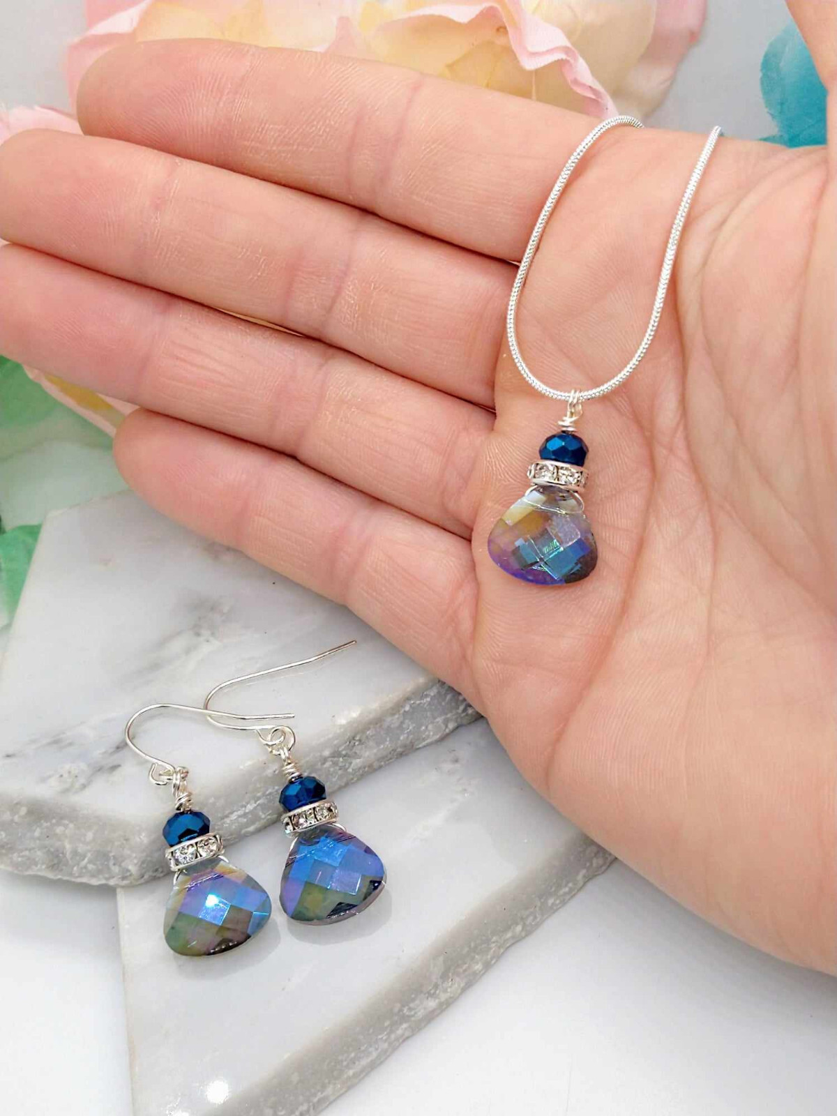 Blue Crystal Teardrop Pendant Silver Snake Chain Necklace 18 Inch, Ladies
