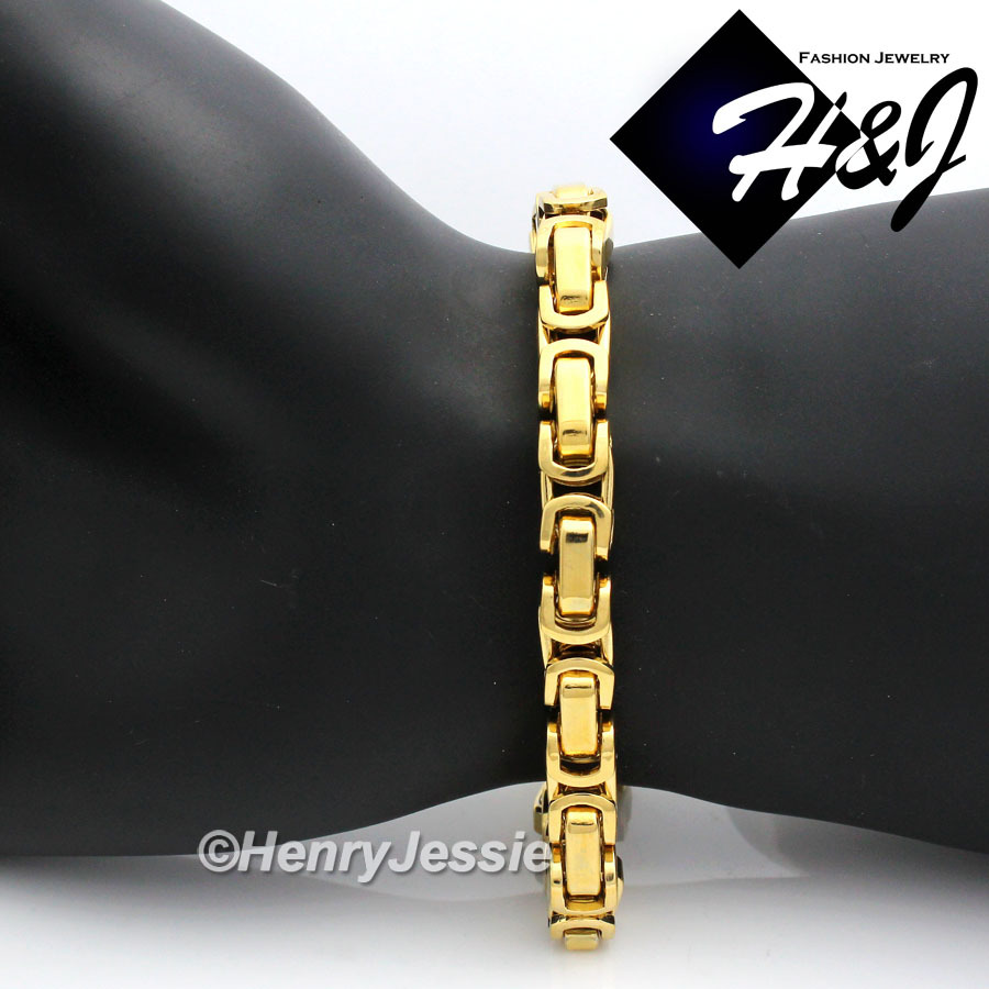 7.5″-11″MEN Stainless Steel 8mm Gold Plated Byzantine Box Link Chain Bracelet*T