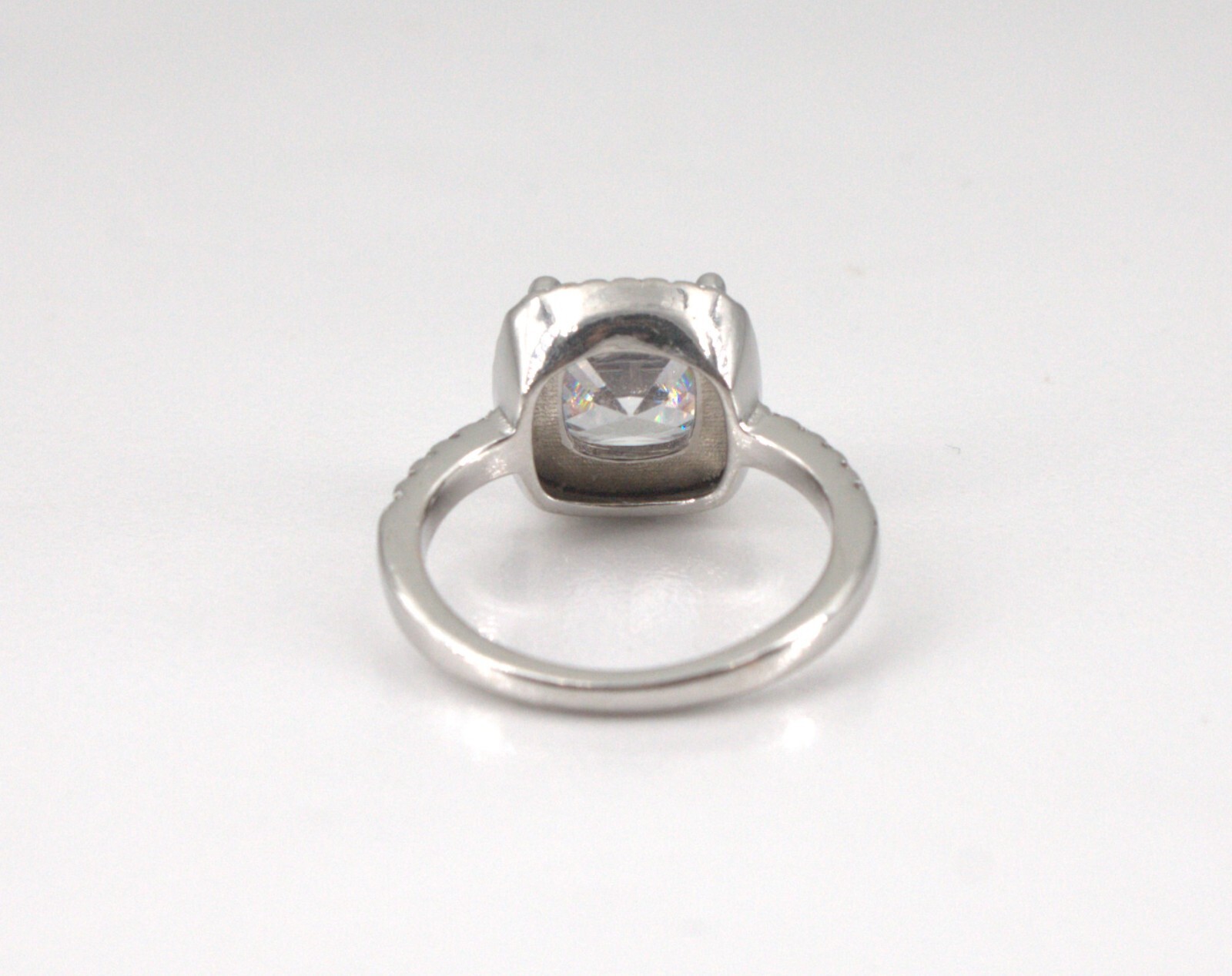 Sterling Silver Ring Cushion Cut Solitaire with Accents Cubic Zirconia Signed S