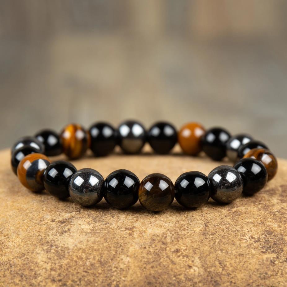 10mm Beaded Triple Protection Tiger Eye Obsidian Hematite Men Stretchy Bracelet