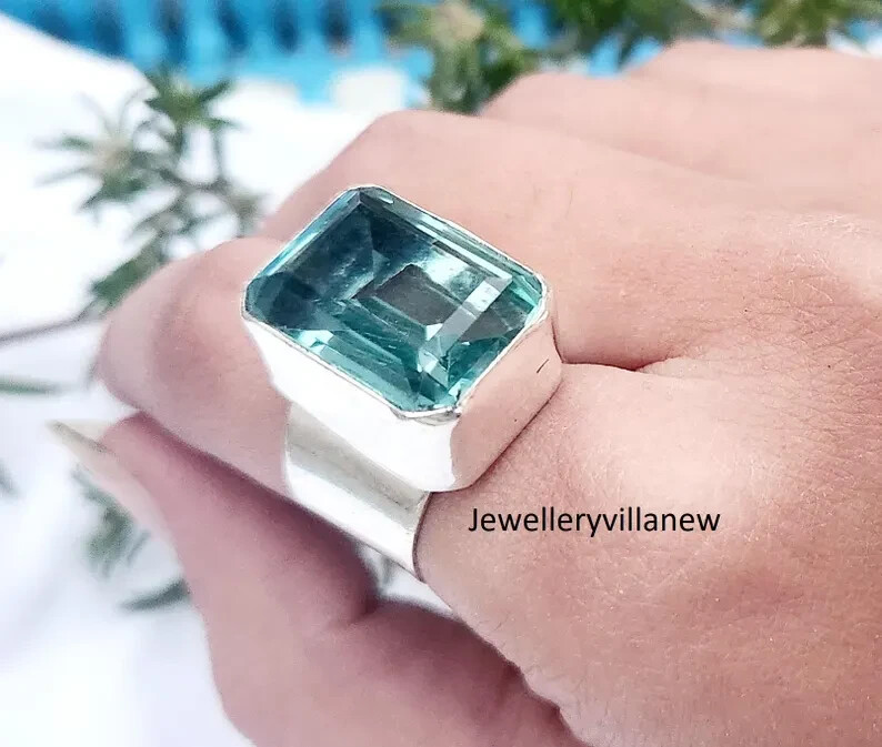 Natural Aquamarine 925 Sterling Silver Band& Statement Ring Handmade All Size