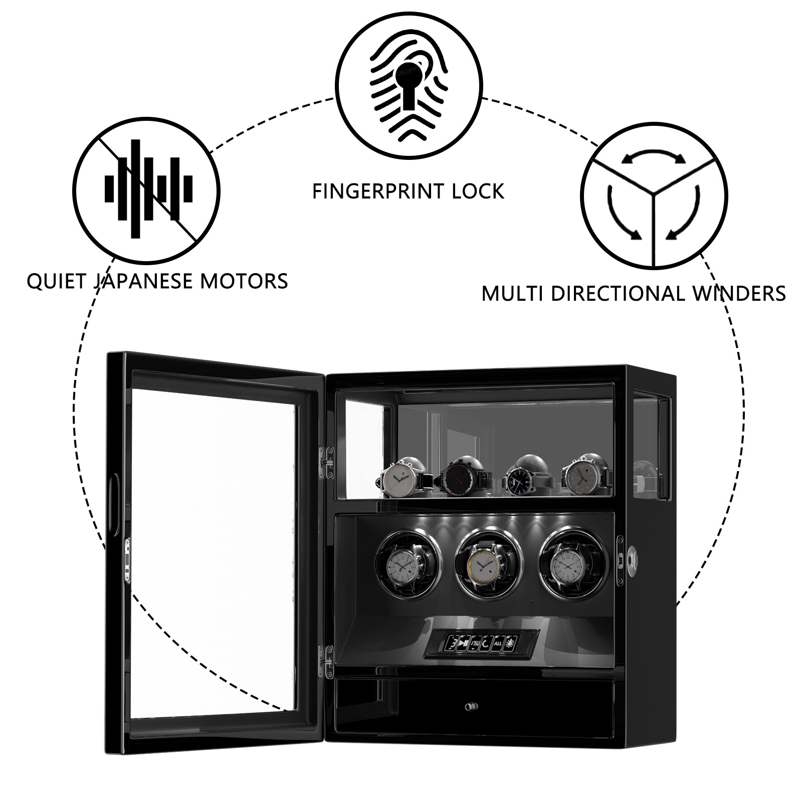 Fingerprint Lock 3 Watch Winder W/ Extra Watches Storage LCD Remote Control LED