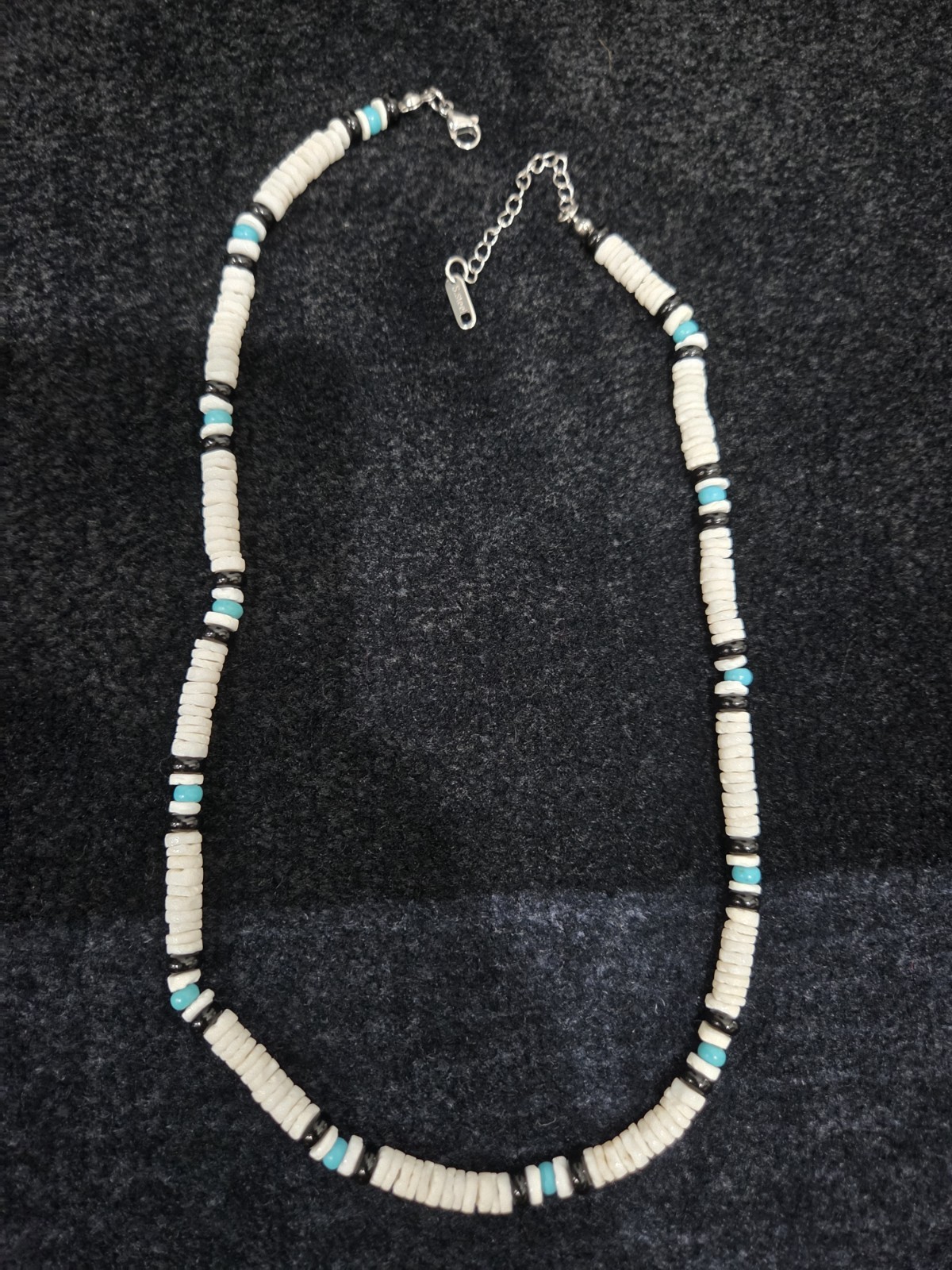 Puka Shell Surfer Necklace/ Stainless Steel/Adjustable Lobster Clasp/Turquoise.