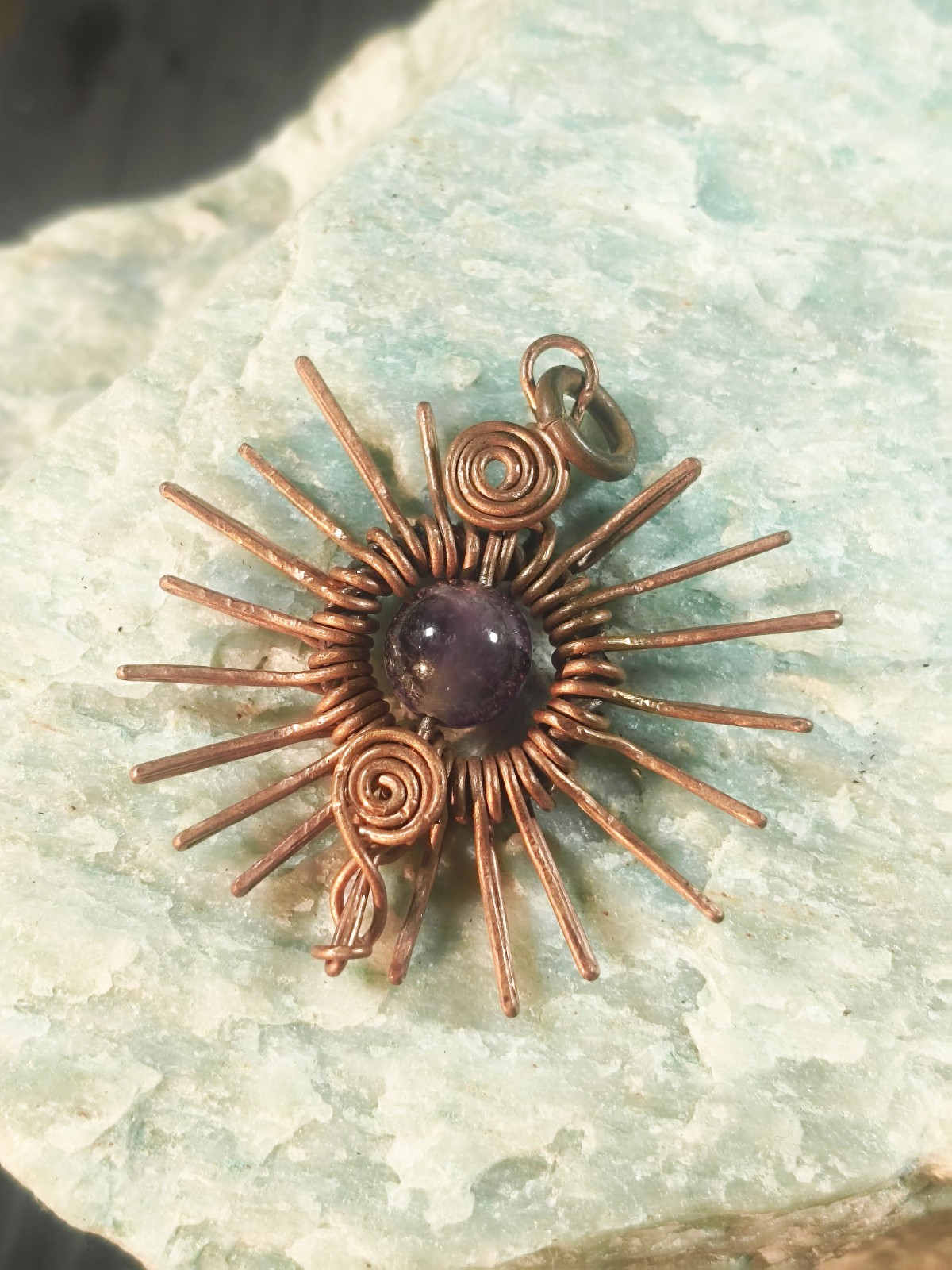 Sun Pendant Copper Amethyst Wire Wrapped Jewelry Energy Health Lucky #PS0008