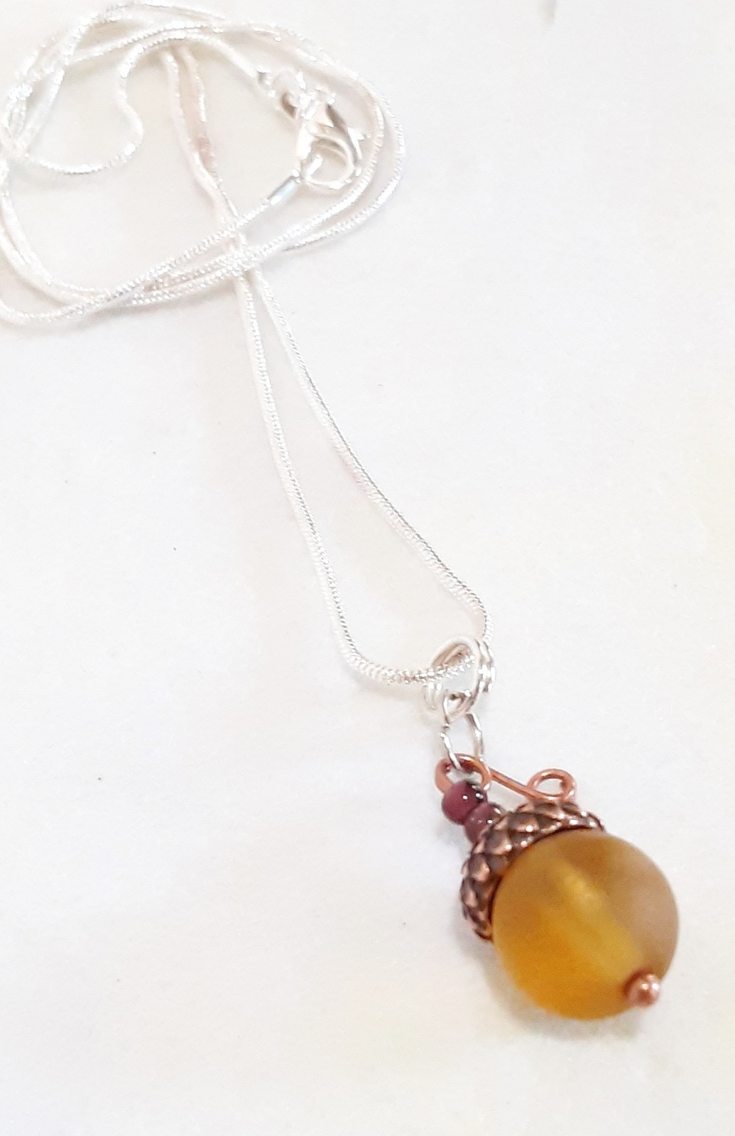 Handcrafted Acorn Pendant Charm Necklace Frosted Czech Glass 22″ SP Snake Chain
