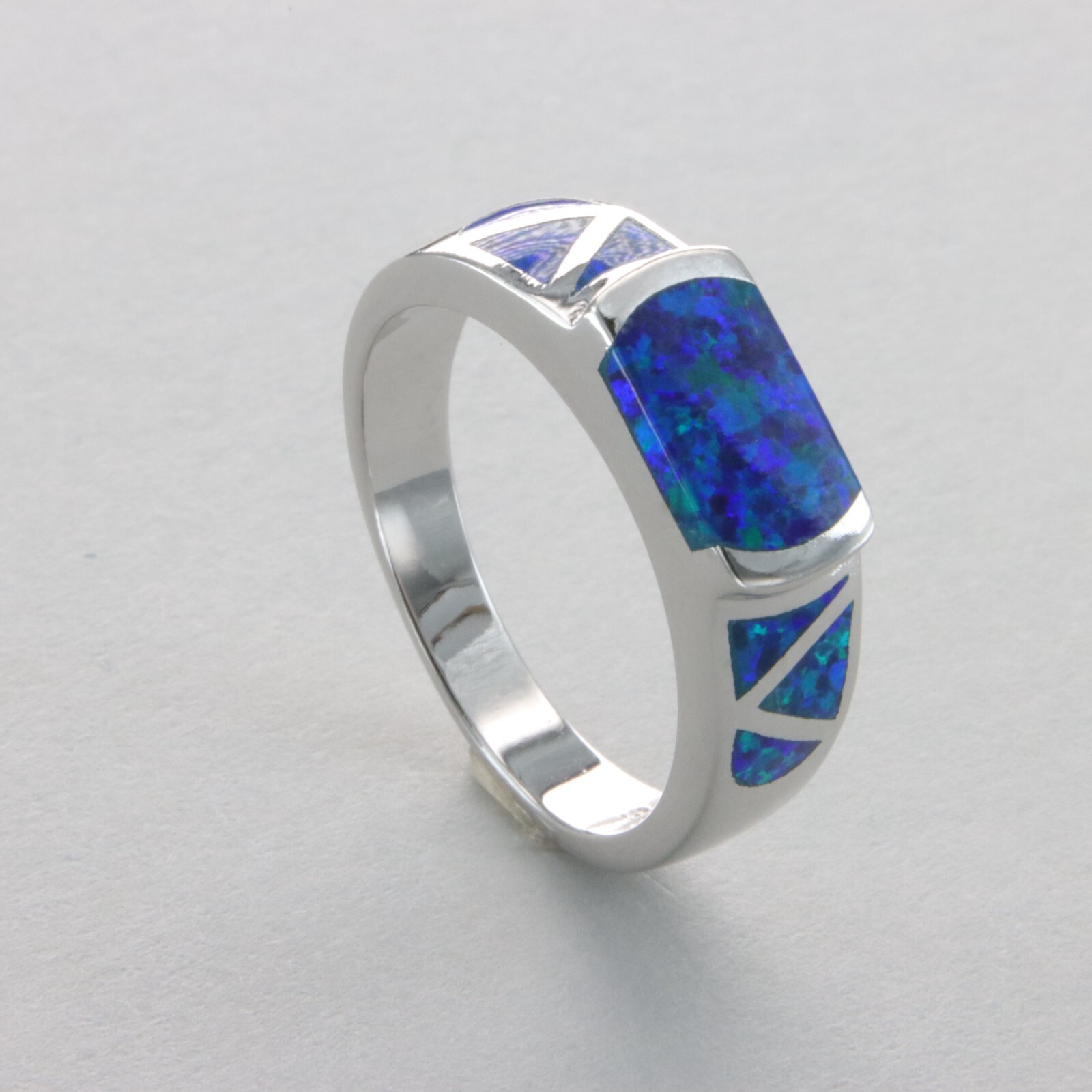 Blue Square Rectangle Fire OPAL Ring Rhodium finished 925 STERLING SILVER #1004