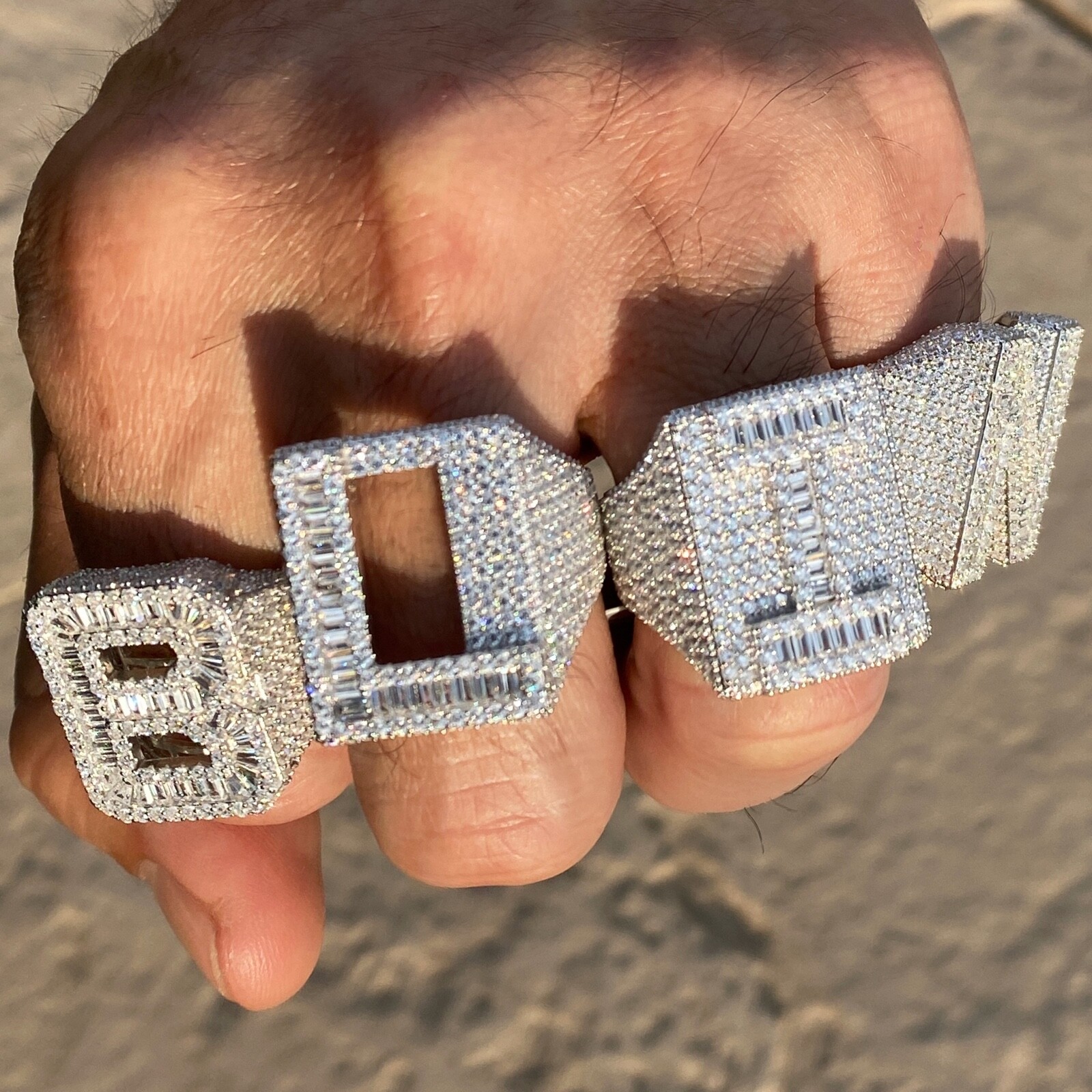 925 Sterling Silver Initial Block Letters Iced Baguette Flooded Out CZ Ring A-Z