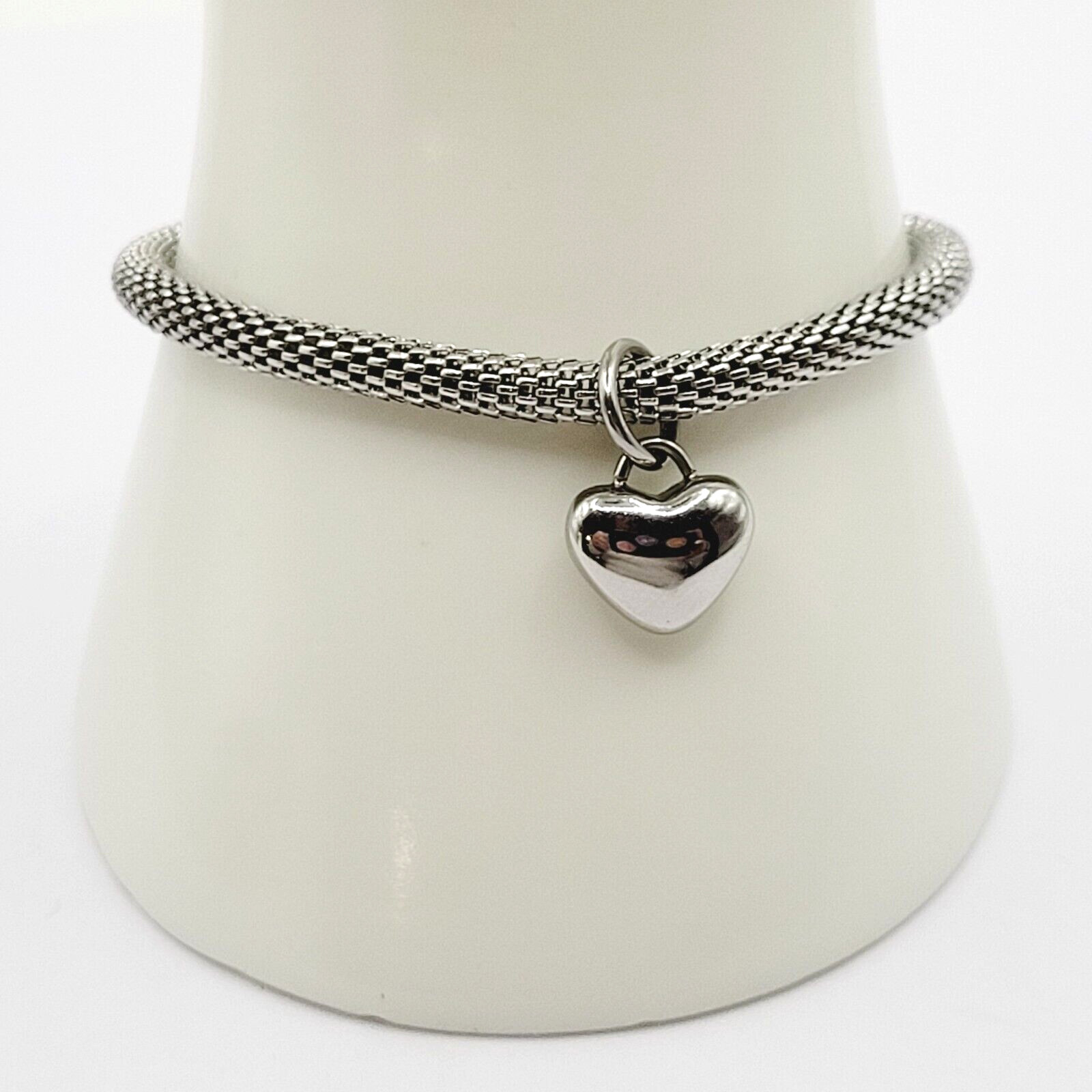 Puffy Heart Polished Charm Dangle on Silver Tone Stainless Mesh Bracelet 7 Inch
