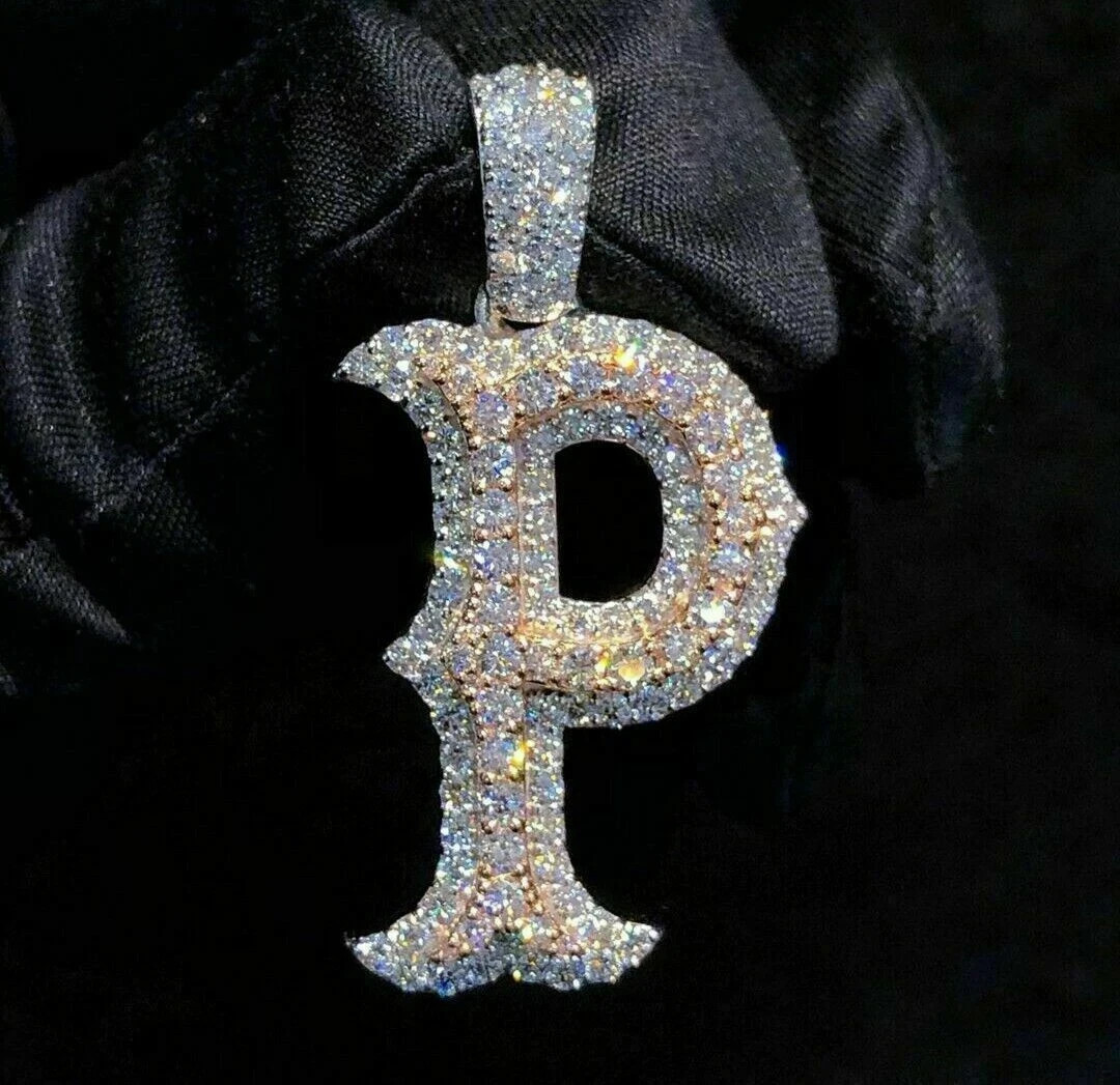 3Ct Real Moissanite Round Cut Initial P Letter Pendant 14K Two Tone Gold Plated