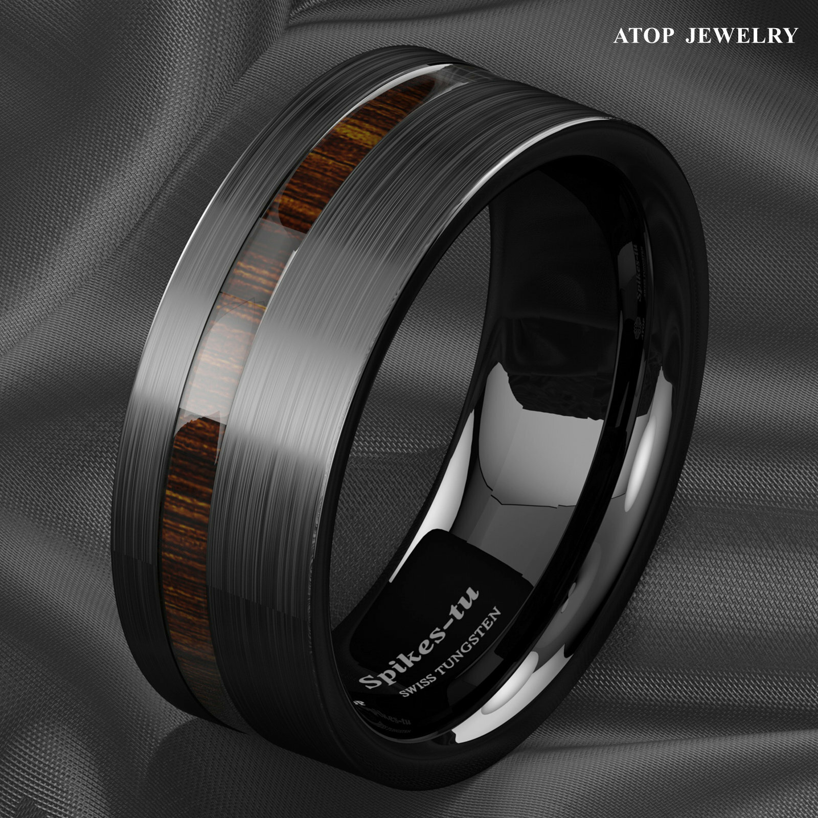 8mm Black Brushed Tungsten Carbide Ring Off Center Koa Wood ATOP Wedding Band