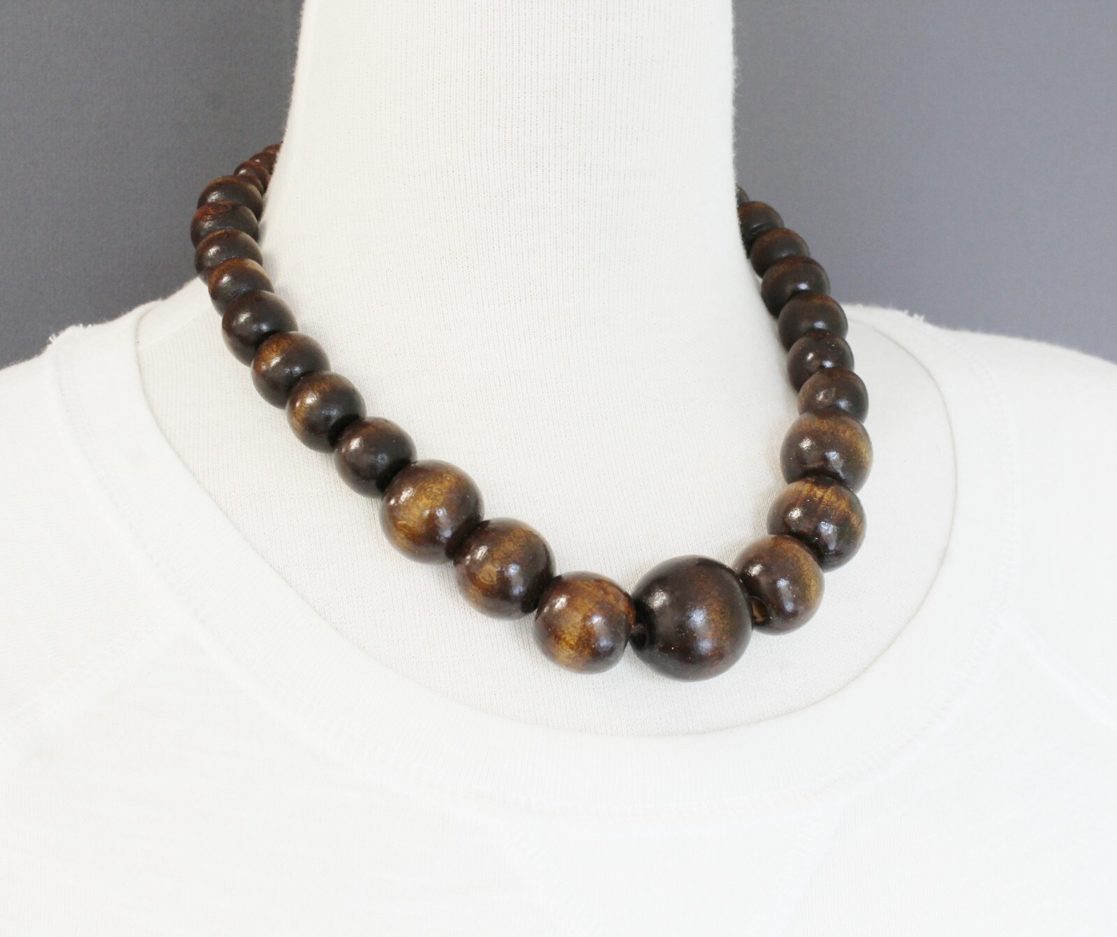 Dark Brown wood necklace bead big chunky beaded 18-19.5″ long necklace wooden