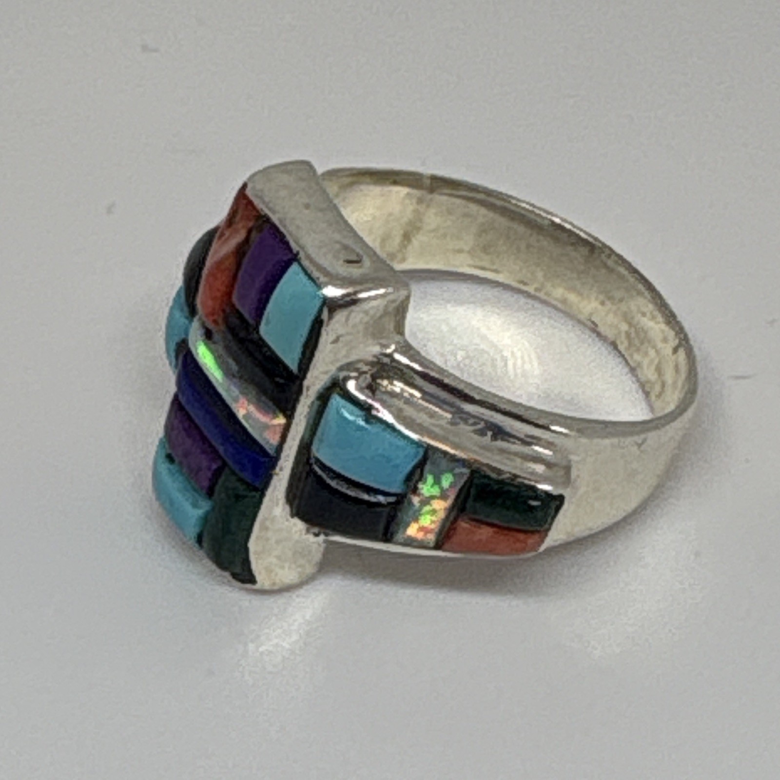 Vintage Native American Multi Stone Mosaic Inlay Ring Size 6.75 Lee Charley