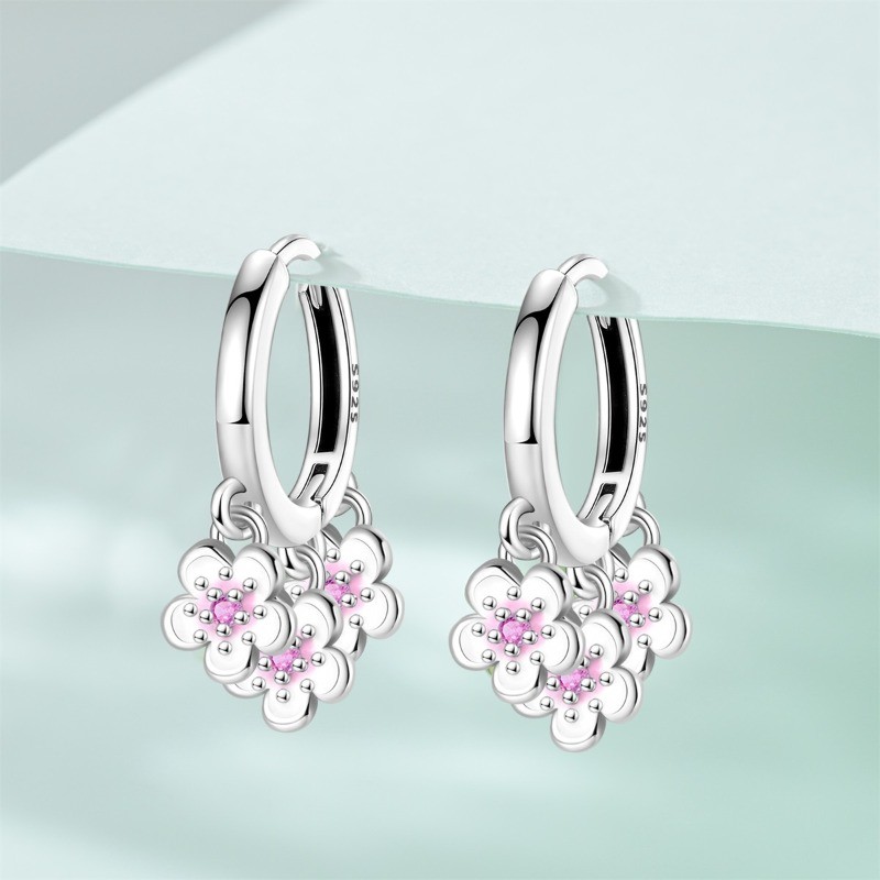PANDACH 925 Sterling Silver Pink Cherry Blossom Dangle Earrings For Women Hoops