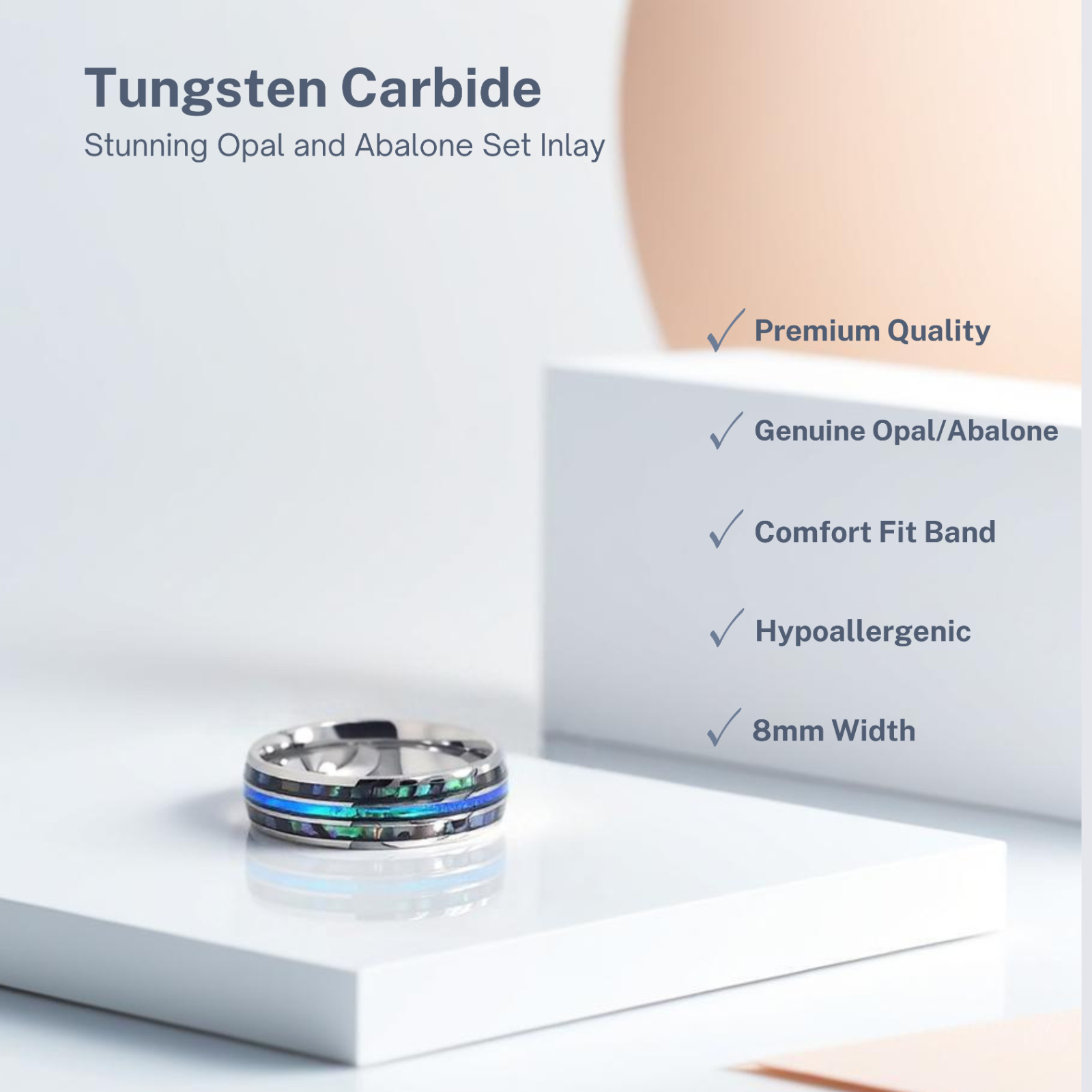 🔥NEW! Silver Tungsten Abalone Blue Inlay Engagement Wedding Band Mens Ring 8mm