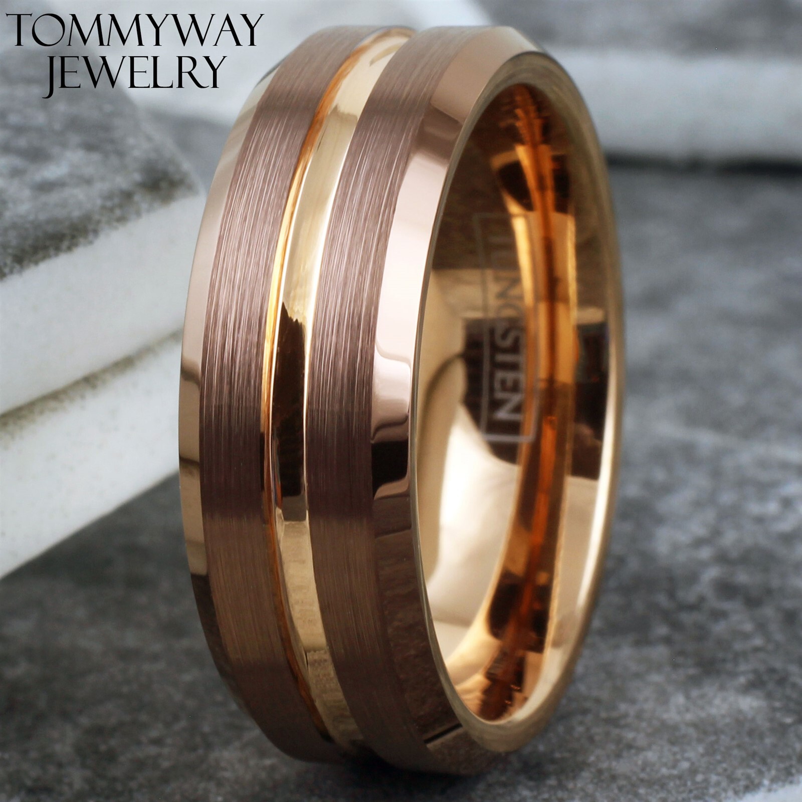 Bronze-Brown Tungsten Carbide Men’s Ring Rose Gold Plated Stripe Wedding Band