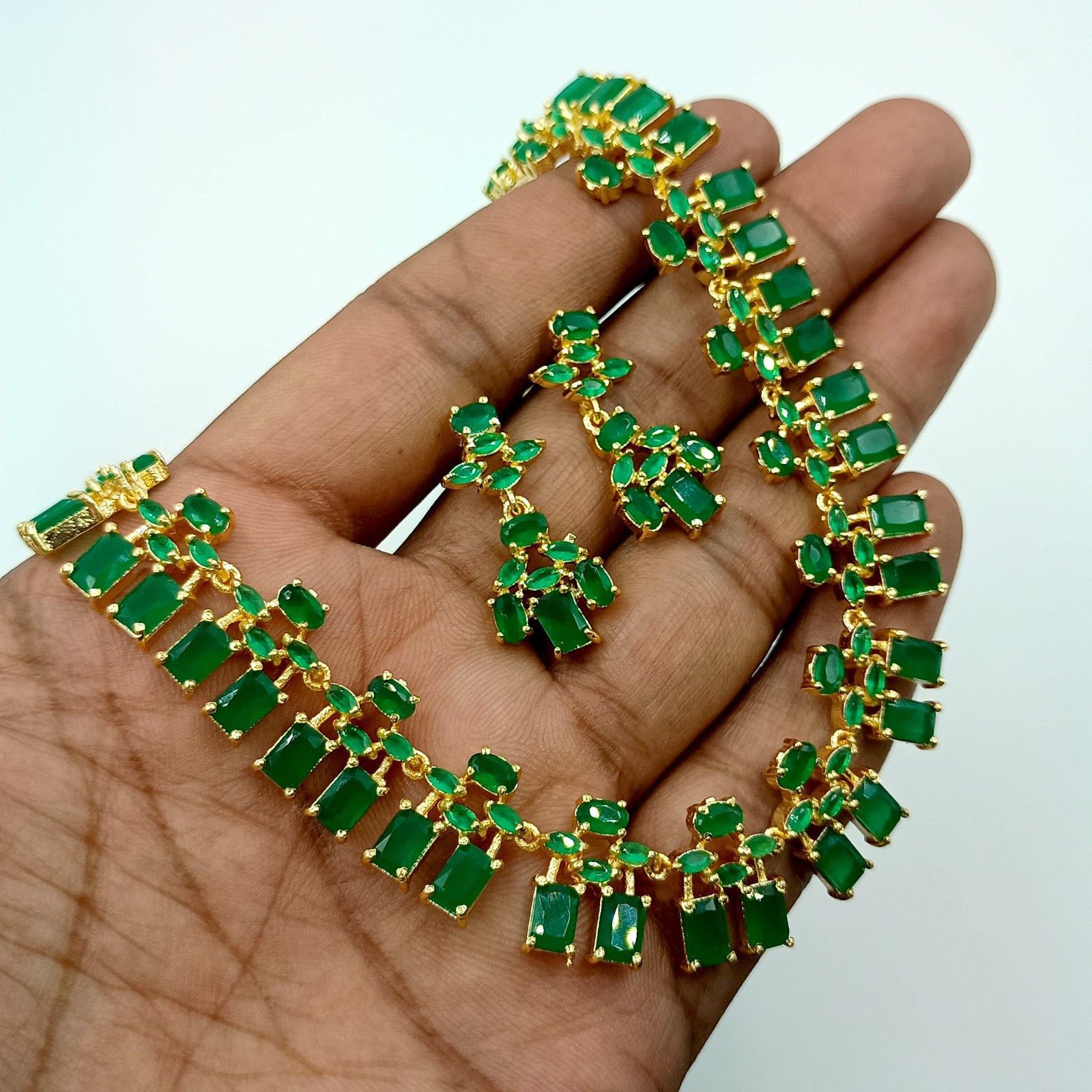 22K Gold Plated South Indian Emerald Necklace Ethnic Bridal Jewelry Set