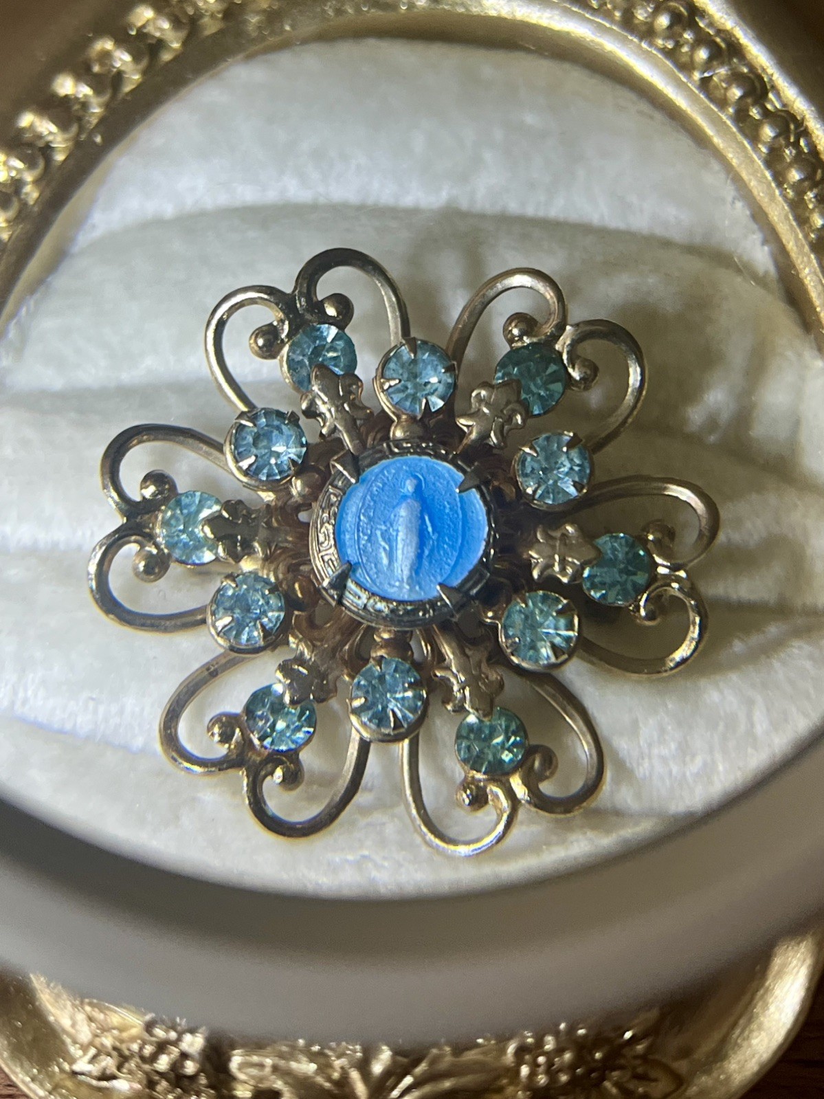 Vintage Mary Brooch Immaculate Conception Blue Rhinestone Religious Vintage