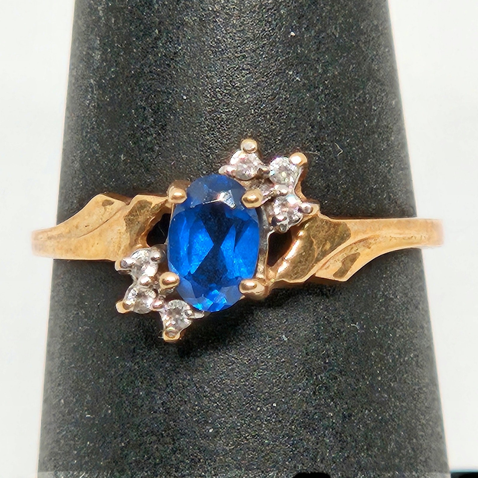Synthetic Blue and White Sapphire 10KP Yellow Gold Ring 1970s to 1980s Size 6