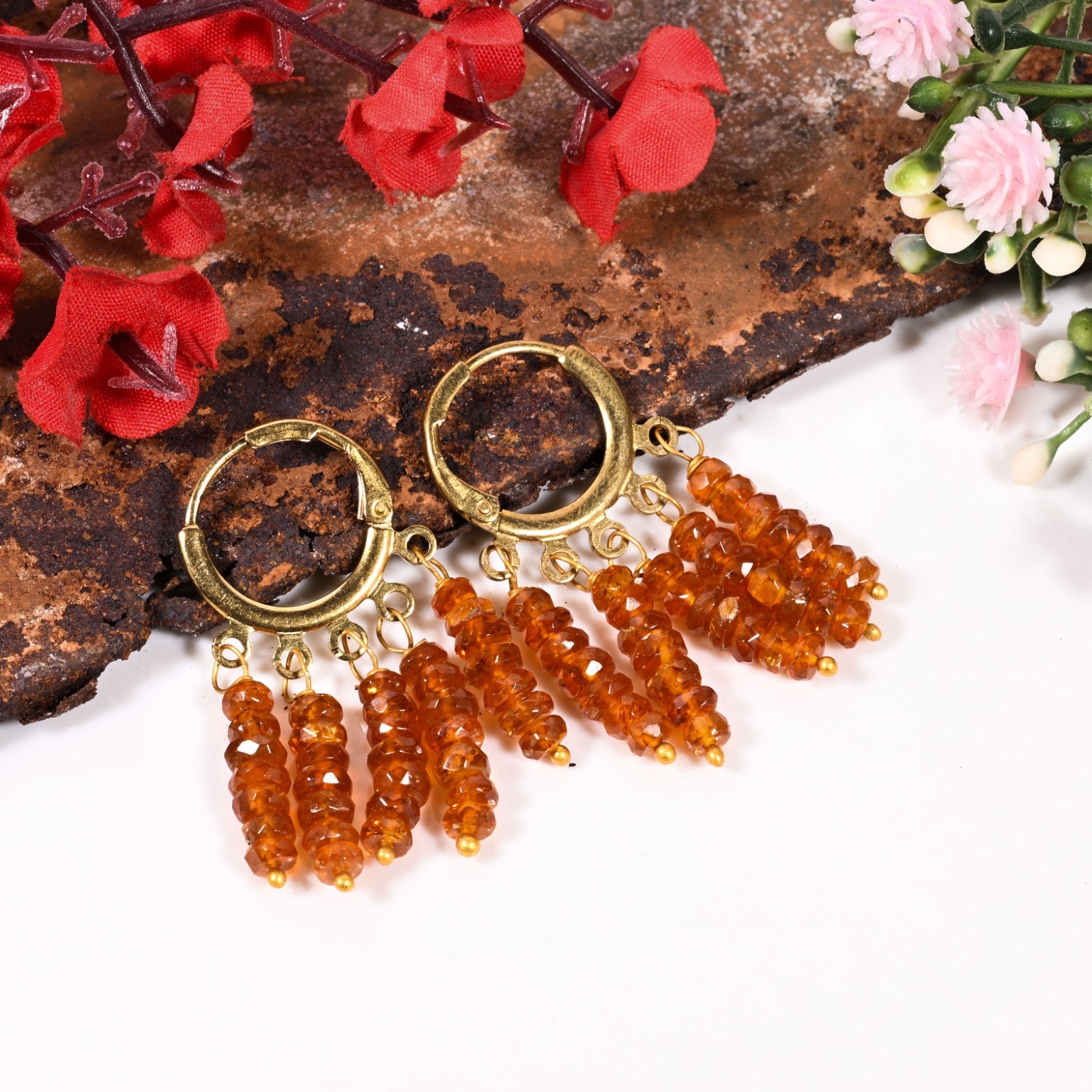 Orange Kyanite Dangle Earrings Handmade Wire Wrapped Faceted Gemstone