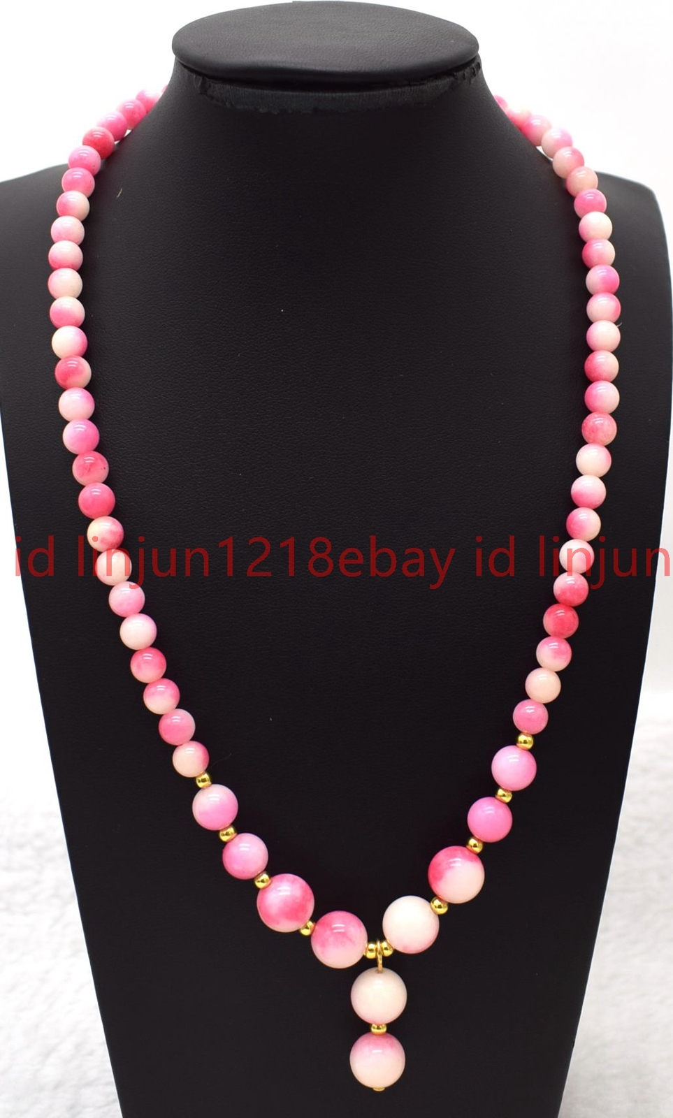 Natural 6-10mm Pink White Jade Round Gemstone Beaded Pendant Necklace 16-28in