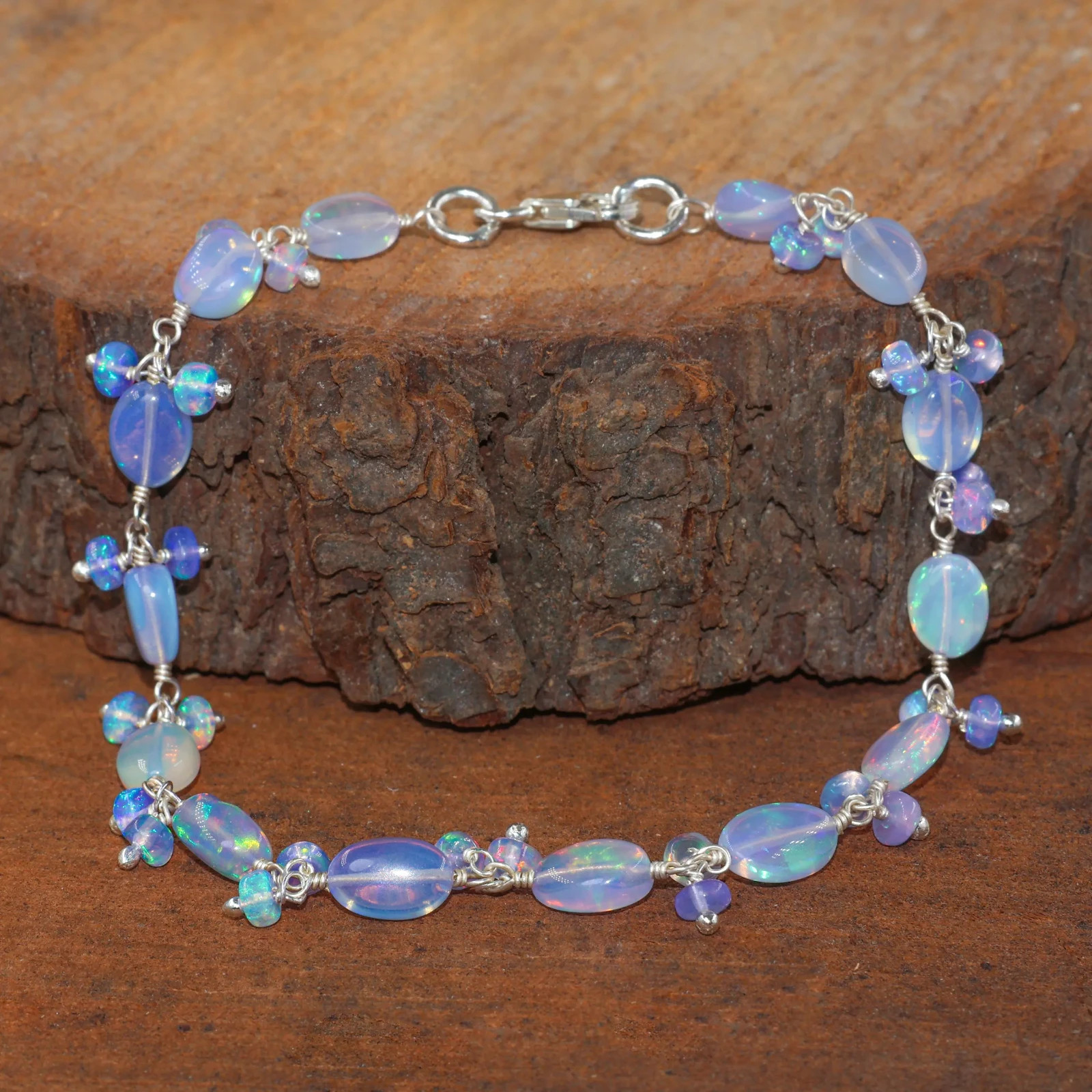 Fire Blue Opal Gemstone Tumble Beads Bracelet, Genuine Ethiopian Opal Bracelet
