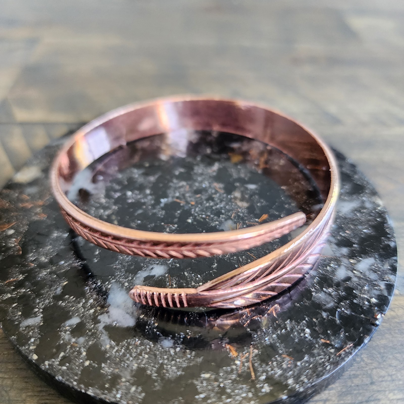 Pure Copper Feather Bracelet Bangle Adjustable 10 mm Wide 20g Open Cuff