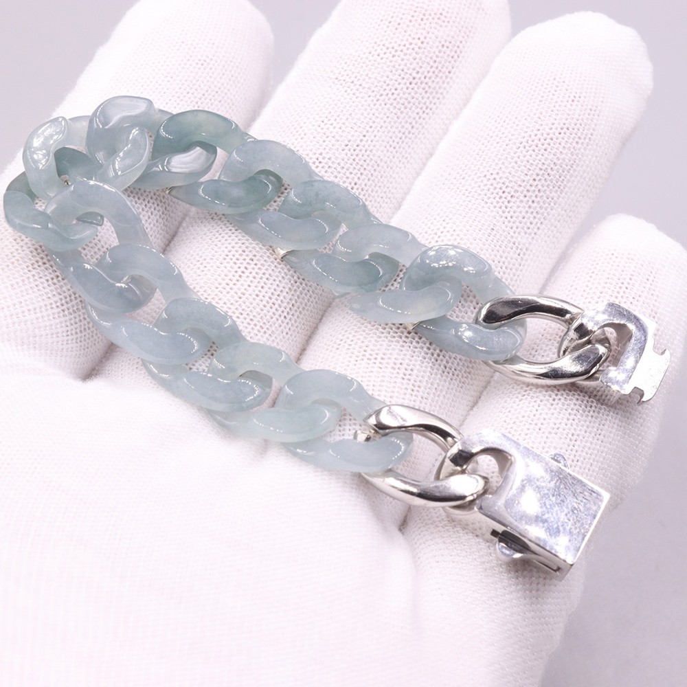 Real Grade A Natural Blue Jadeite Jade Cuban Curb Link Bracelet 7.5-7.9inch