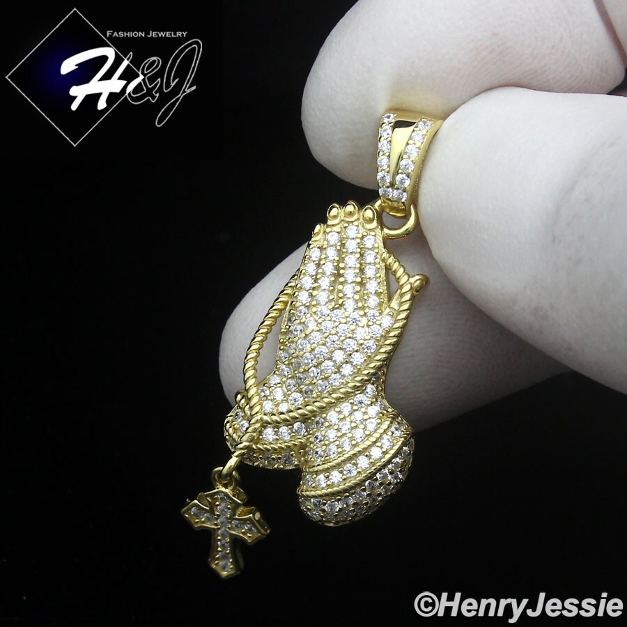 925 STERLING SILVER ICY CZ 3D GOLD PLATED CROSS PRAYING HANDS PENDANT*GP501