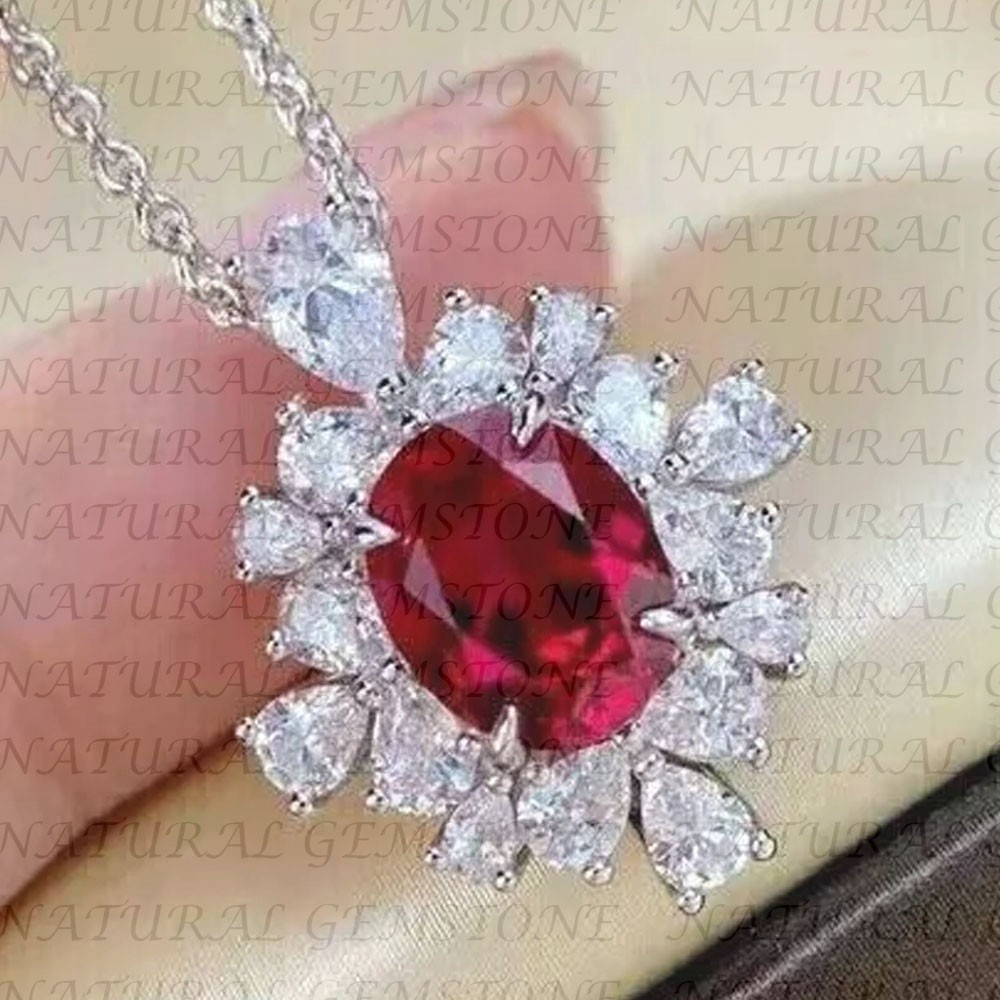 6.80Carat Oval Shape Natural Red Ruby and Diamond Pendant 18K White Gold Plated