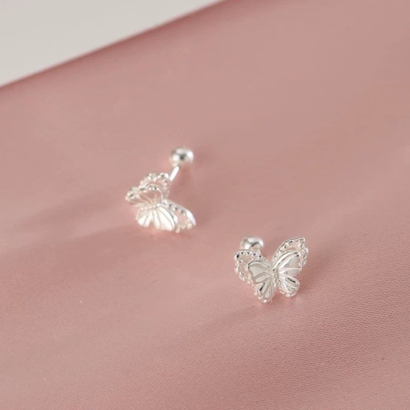 Silvery Double Layer Butterfly Screw Ear Studs Women’s Elegant Alloy Earrings