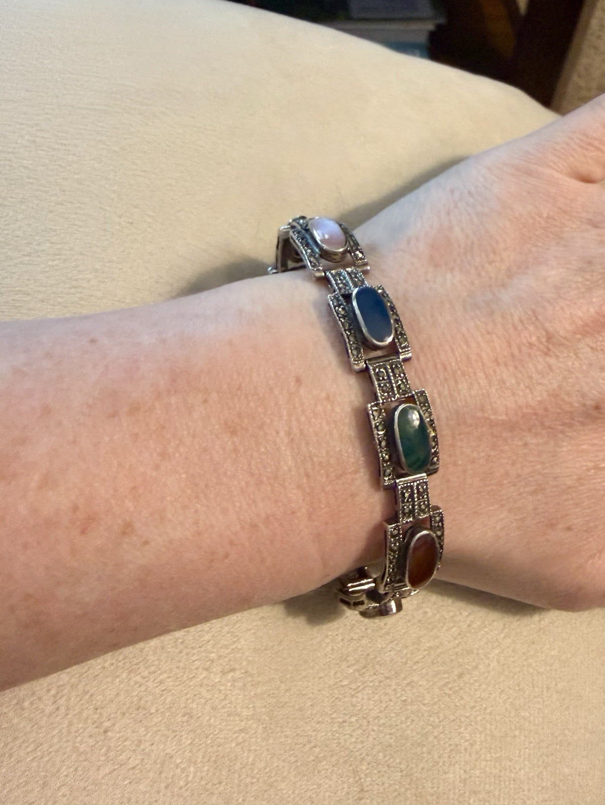 925 Sterling Silver Multi Gemstone Marcasite Art Deco Style Link Bracelet 7.5”