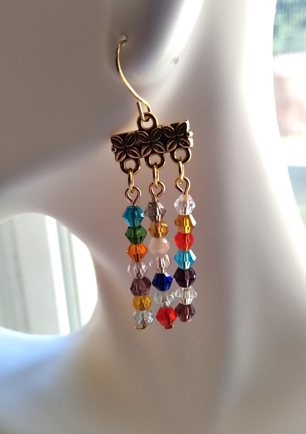 Multicolor Crystal Beaded Dangle Earrings Handmade Gold Tone Hook Boho Chic