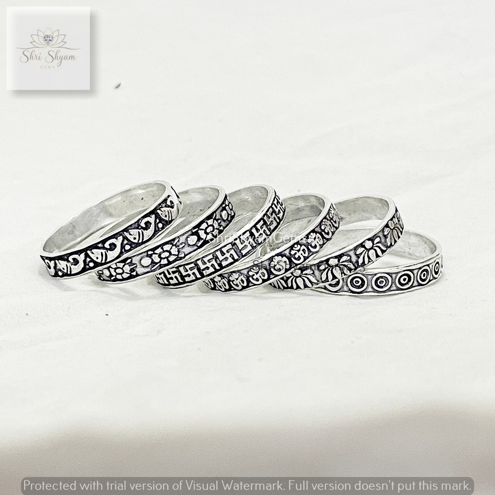 Silver Micro GS Band, Designer Aum Turquoise Lotus Round Oxidized Ring