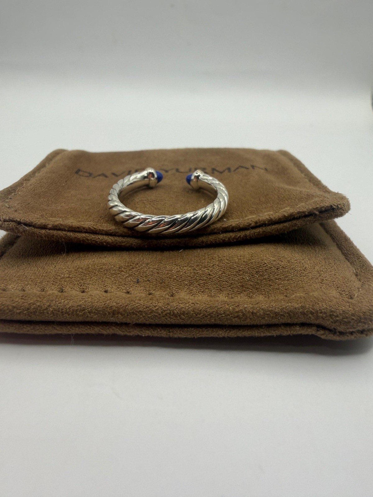 David Yurman Sterling Silver Petite Cable Open Ring W/ 14k Gold & Lapis Size 7