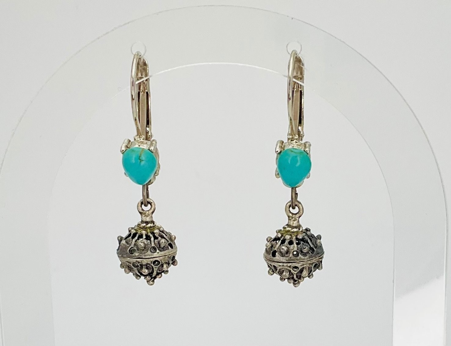Vintage Croatian Botuni Ball Dangle Earrings Turquoise Silver Tone 6.12g