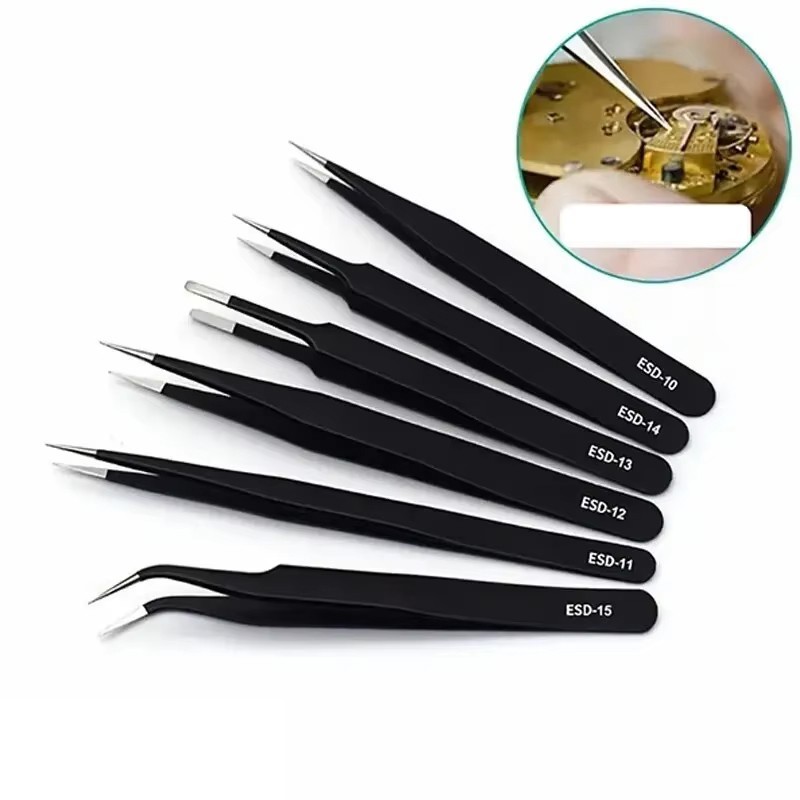 6Pcs ESD Anti-static Tweezers Set Maintenance Repair Stainless Steel Tools Kit