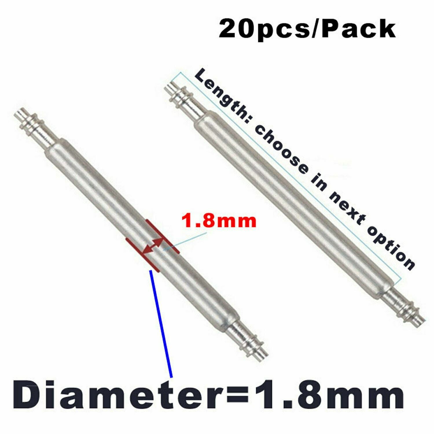 20pcs 1.3mm 1.5mm 1.8mm Solid Stainless Steel Watch Band Spring Bar Pins 10-27mm